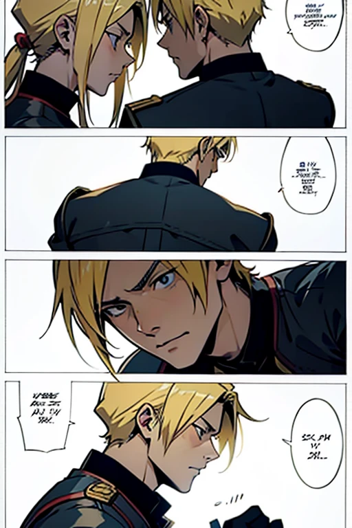 Anime guy with blonde hair holding his girlfriend after a battle, detailed scene manga page with panels and dialogue