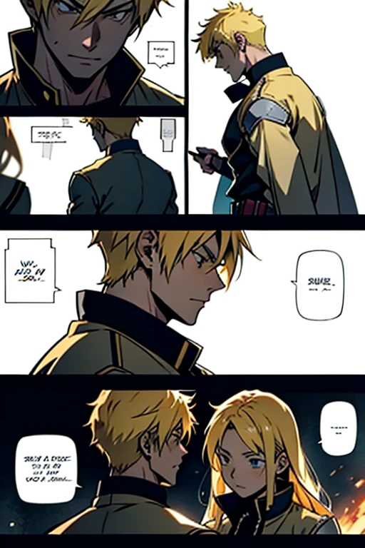 Anime guy with blonde hair holding his girlfriend to his chest during a fight, detailed scene manga page with panels and dialogue