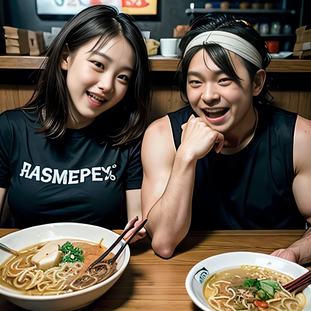 8K, ultra detailed, (realistic:1.2), masterpiece, 30yo, (ramen:1.2), A woman wearing a black T-shirt and a white bandana on his head, (muscular, fat:1.0), Ramen restaurant ,(laugh:1.3), (side by side:1.4)