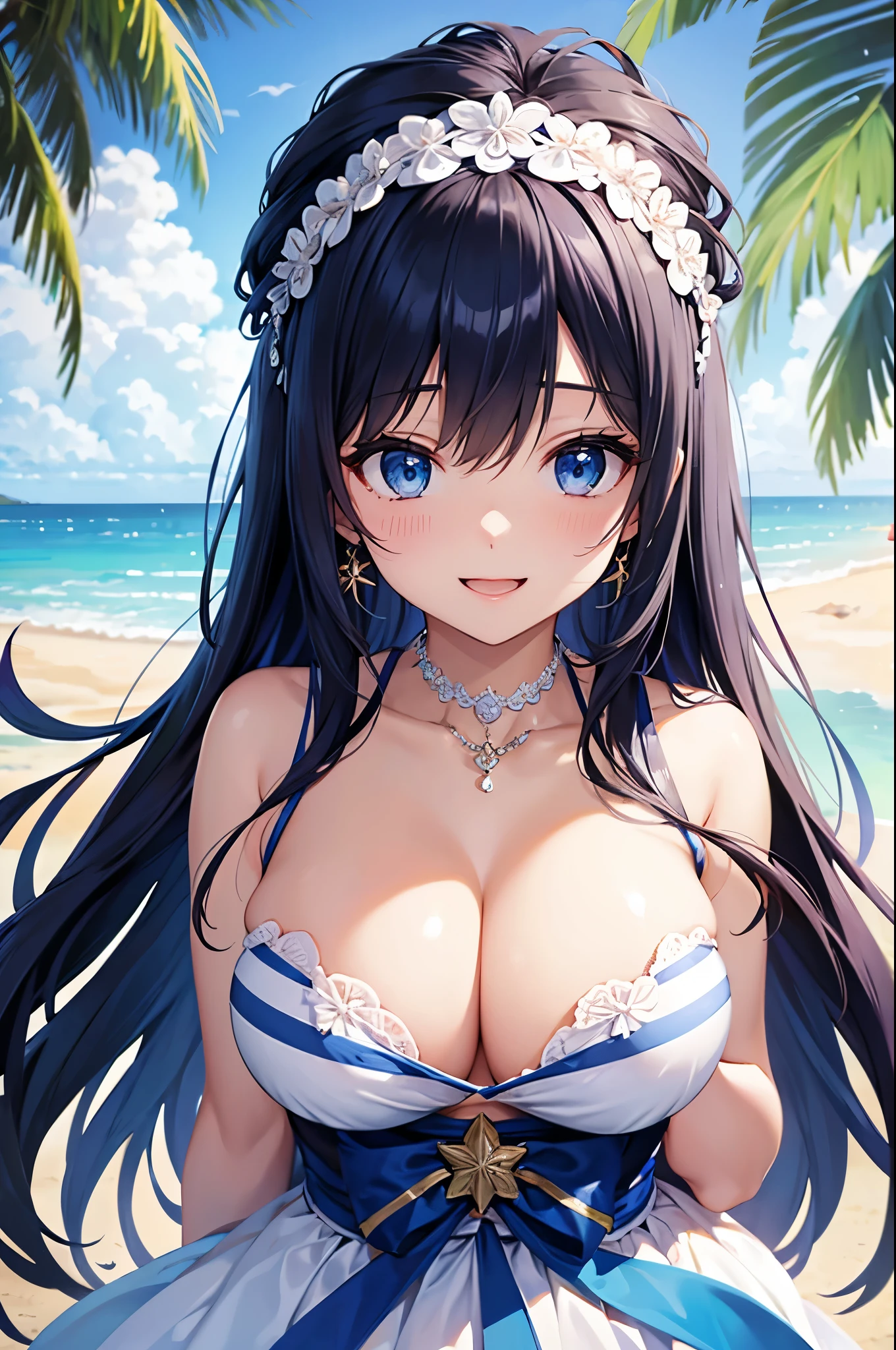 highest quality、highest quality、masterpiece、beautiful girl、Navy blue long hair、blue eyes、Sexy White Bikini(Dark stripes)、Big cleavage、(Big Breasts)、smile、blue necklace、Blue Earrings、background(Beach)、Please open your mouth wide、White headband、bracelet、Dynamic pose