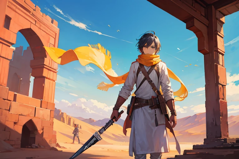 1boy, scarf, indian clothes, desert, weapon, assassin, sky