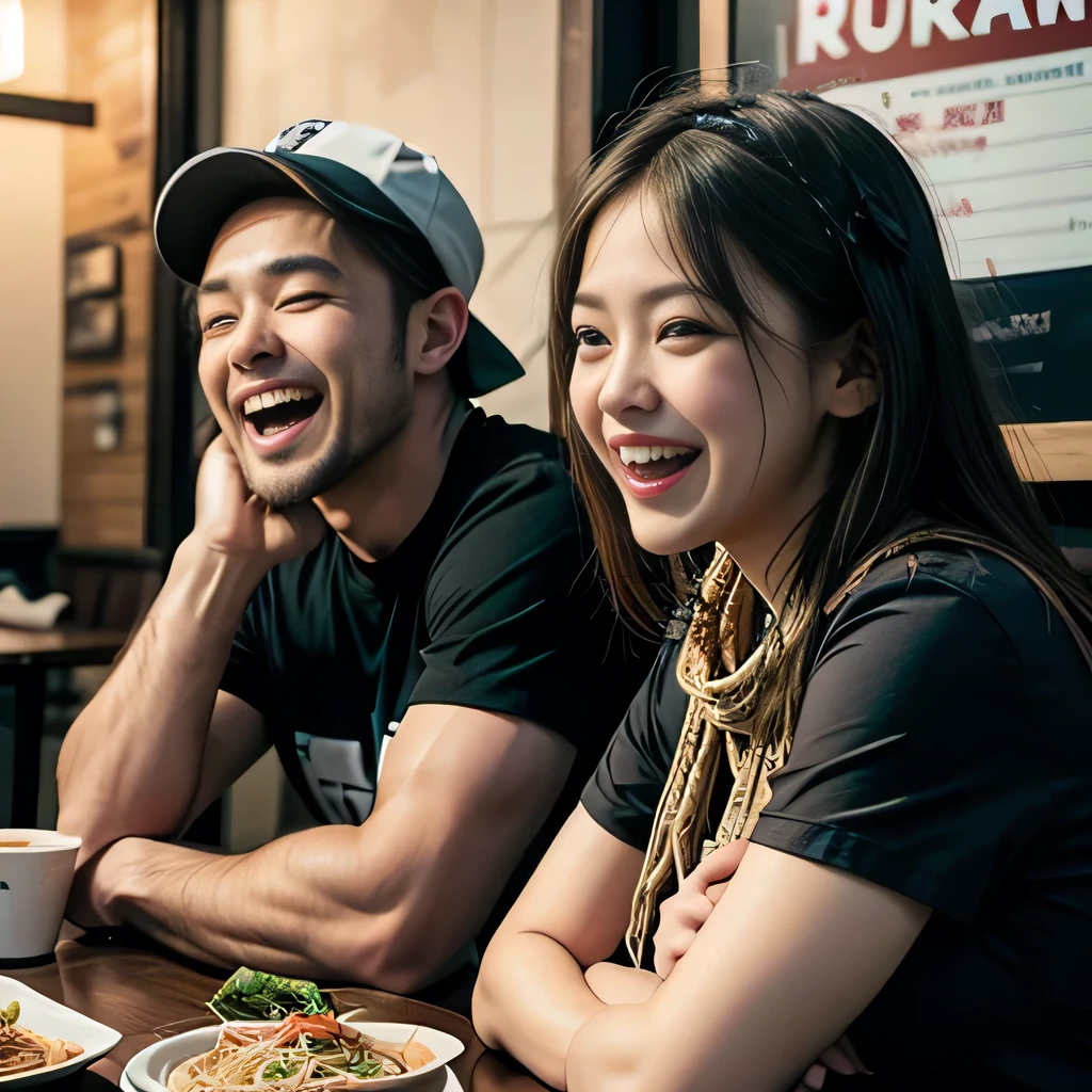 8K, ultra detailed, (realistic:1.2), masterpiece, 30yo, (ramen:1.2), A woman wearing a black T-shirt and a white bandana on his head, (muscular, fat:1.0), Ramen restaurant ,(laugh:1.3), (side by side:1.1)