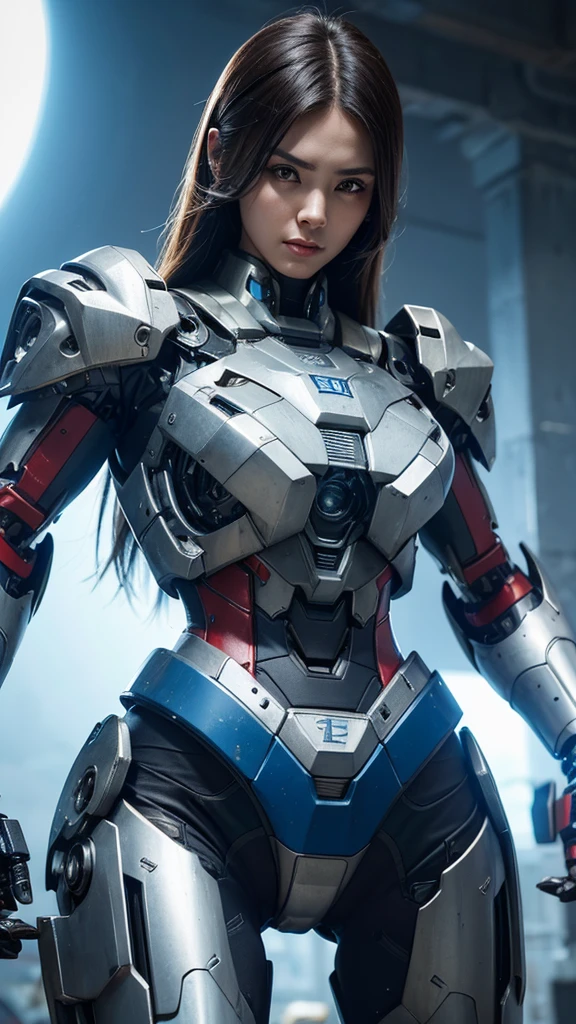 Textured skin, Super Detail, high details, High quality, Best Quality, hight resolution, 1080p, hard disk, Beautiful,(Iron Patriot),beautiful cyborg woman,Mecha Cyborg Girl,Battle Mode,Girl with a Mecha Body,She wears a futuristic Iron Patriot mech,Fulll body Shot,A powerful cyborg woman, sleek and futuristic, with advanced mechanical augmentations that enhance her strength and capabilities.