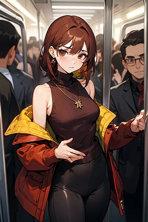 Reddish brown hair、Earrings、necklace、Sleeveless knitwear、Shoulder Bare、turtleneck、sexy、Cowboy Shot、In a crowded train、Disheveled clothing、Office casual fashion、The inner string is visible、Tight pants、Off-the-shoulder oversized jacket、A little short top、Rubber Pants
