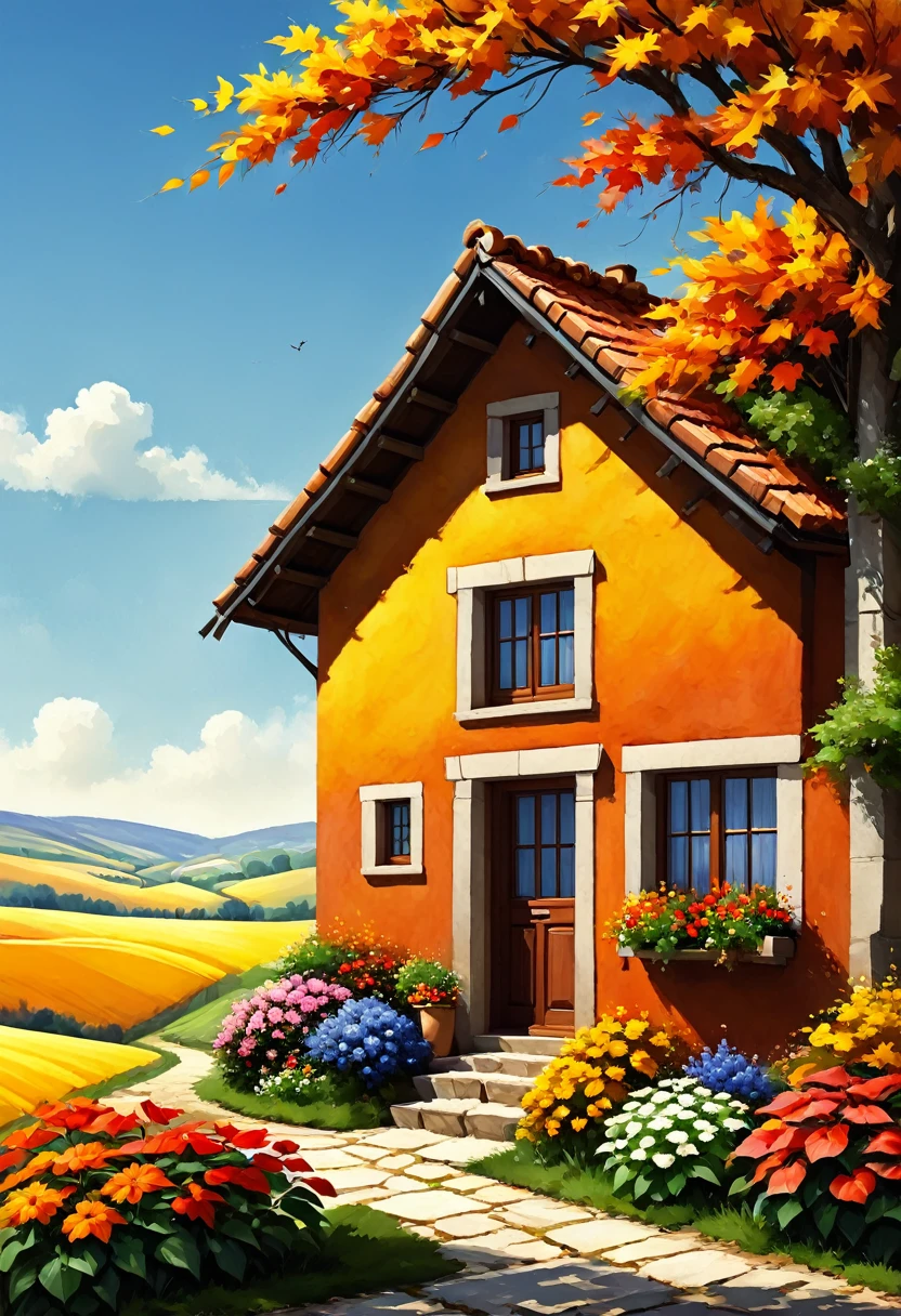 Acuarela, small house in the countryside, Sharp focus, studio photography,  autumn, vides, vivid vining flowers and potted flowers, detalles intrincados, muy detallados, studio photography, detalles intrincados, por greg rutkowski, ultra hd, realista, colores vivos, muy detallado, dibujo UHD, pluma y tinta, perfect composition, octane rendering 8k art photography, arte conceptual fotorrealista, soft and perfect natural volumetric cinematic light. 