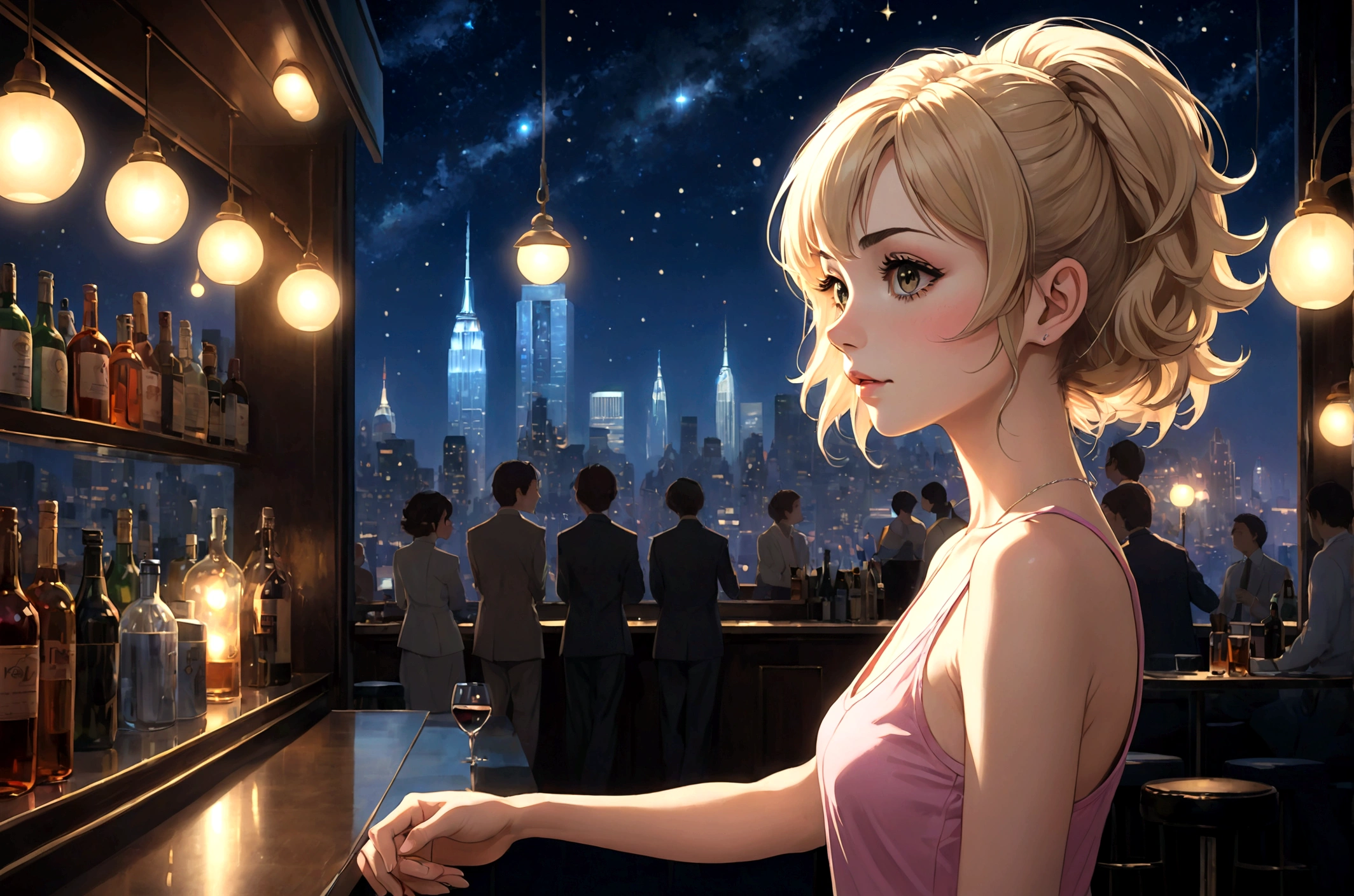 Uses Makoto Shinkai&#39;s depiction perfectly,Portrait of Halie Loren,8k 4k masterpiece new york,A jazz bar with a glass ceiling,The twinkling stars can be seen through the glass windows.,It&#39;s a dark night outside,Jazz is playing,profile,,A soothing expression,Landscape,Long Hair,Blonde、Look in a different direction,Standing alone at the counter,Tight fitting silver tube top dress,Bust is larger