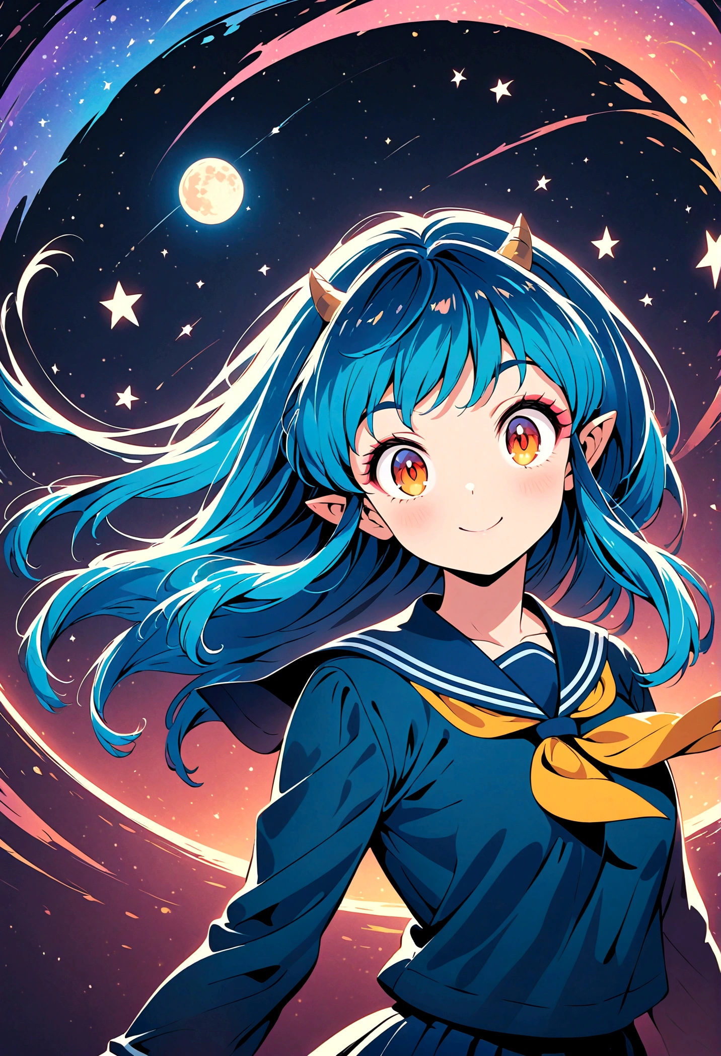 takahashi rumiko style,(1 girl,Lum,long hair,bangs,blue hair,orange eyes,horns,pointy ears,aqua hair,oni horns,(eyeshadow),(shirt,long sleeves,sailor suit,sailor collar,neckerchief,yellow neckerchief,blue shirt,blue sailor collar,blue skirt),the character Lum from "Urusei Yatsura",Do cute girly poses,bright smile,fine,Lum is floating in the air,lightning effect,Bright and cheerful atmosphere,BREAK,(Creates a POP illustration style background,Background elements such as space or a starry sky,Outer space with the moon and stars floating in it,rich colors,colorful,shooting star,draw with thick lines,Sparkling,unbelievably absurd,zentangle elements,vector art),beautiful light and shadow,BREAK,(masterpiece:1.3),(highest quality:1.4),(ultra detailed:1.5),High resolution,extremely detailed,unity 8k wallpaper