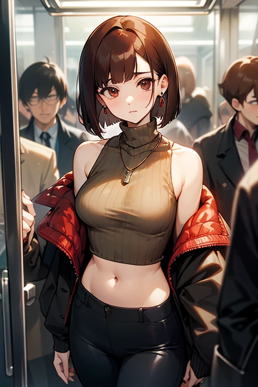 Reddish brown hair、Earrings、necklace、Sleeveless knitwear、Shoulder Bare、turtleneck、sexy、Cowboy Shot、In a crowded train、Disheveled clothing、Office casual fashion、The inner string is visible、Belly button、Asymmetrical design、Tight pants、Off-the-shoulder oversized jacket、Voluminous bob cut
