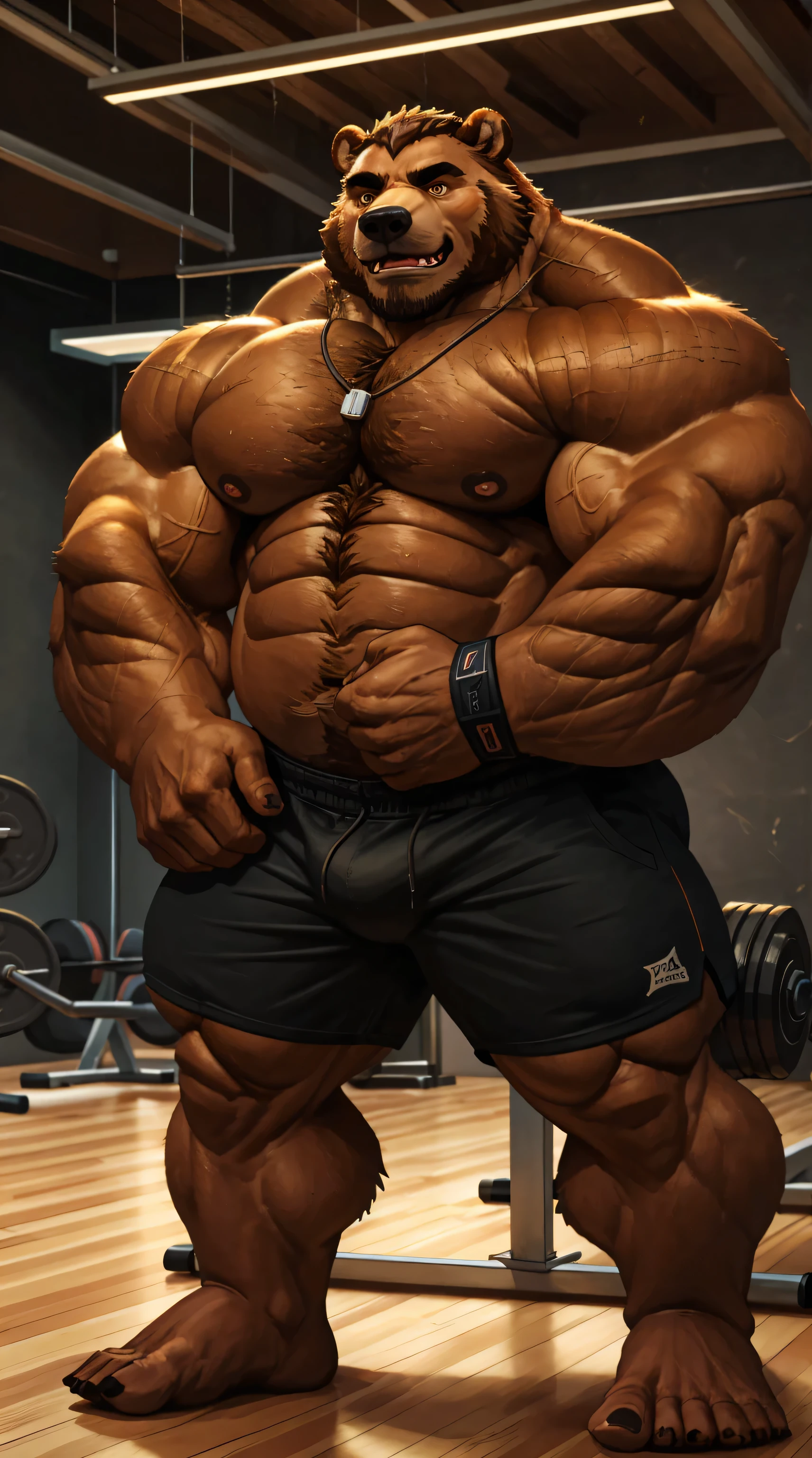 (best quality, 4k, highres, masterpiece:1.2), 1bear, 1boy, ultra-detailed, fury, furry art (realistic, photorealistic, photo-realistic:1.37), massive muscular, huge muscular, chubby Grizzly bear, working out, deadlifts, workout in the gym, pulley cable extractions, cable exercise machine, straining, sweating, black shorts and black wristbands, lifting heaviest weight, barbells, gym equipments, brown hair, thick brown fur, super thick arms, super big pectoral, super wide hairy pectoral, topless, shirtless, eyebrows, impressive brown beard, kind eyes, strong arms, proud posture, well-built physique, professional lighting and backdrop, intense shadows, vibrant colors, dramatic composition, gritty texture, vintage aesthetic, dynamic perspective. Add textures and details to make the image more realistic, such as the appearance of the body built muscles texture and the appearance of the brown fur,