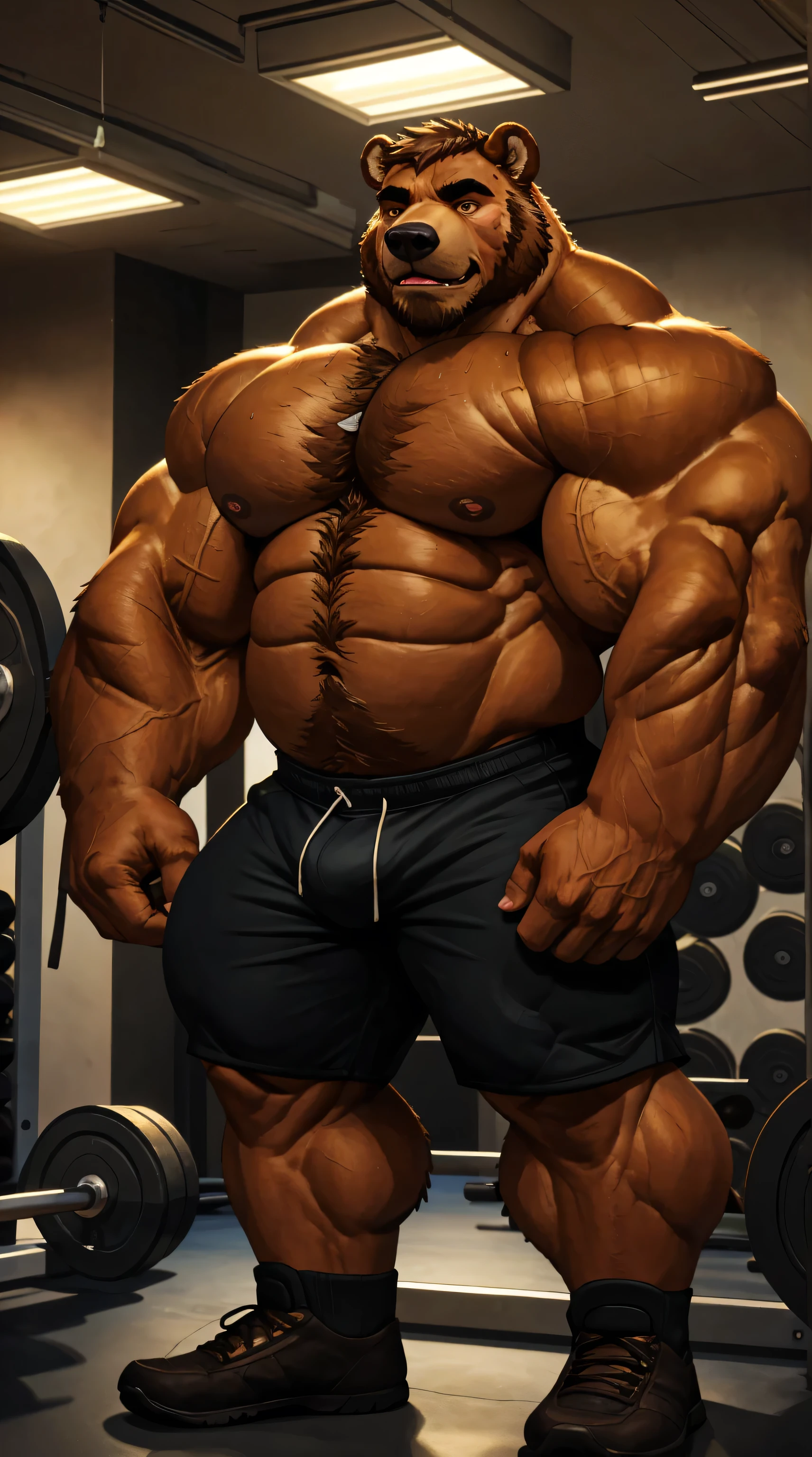 (best quality, 4k, highres, masterpiece:1.2), 1bear, 1boy, ultra-detailed, fury, furry art (realistic, photorealistic, photo-realistic:1.37), massive muscular, huge muscular, chubby Grizzly bear, working out, deadlifts, workout in the gym, pulley cable extractions, cable exercise machine, straining, sweating, black shorts and black wristbands, lifting heaviest weight, barbells, gym equipments, brown hair, thick brown fur, super thick arms, super big pectoral, super wide hairy pectoral, topless, shirtless, eyebrows, impressive brown beard, kind eyes, strong arms, proud posture, well-built physique, professional lighting and backdrop, intense shadows, vibrant colors, dramatic composition, gritty texture, vintage aesthetic, dynamic perspective. Add textures and details to make the image more realistic, such as the appearance of the body built muscles texture and the appearance of the brown fur,