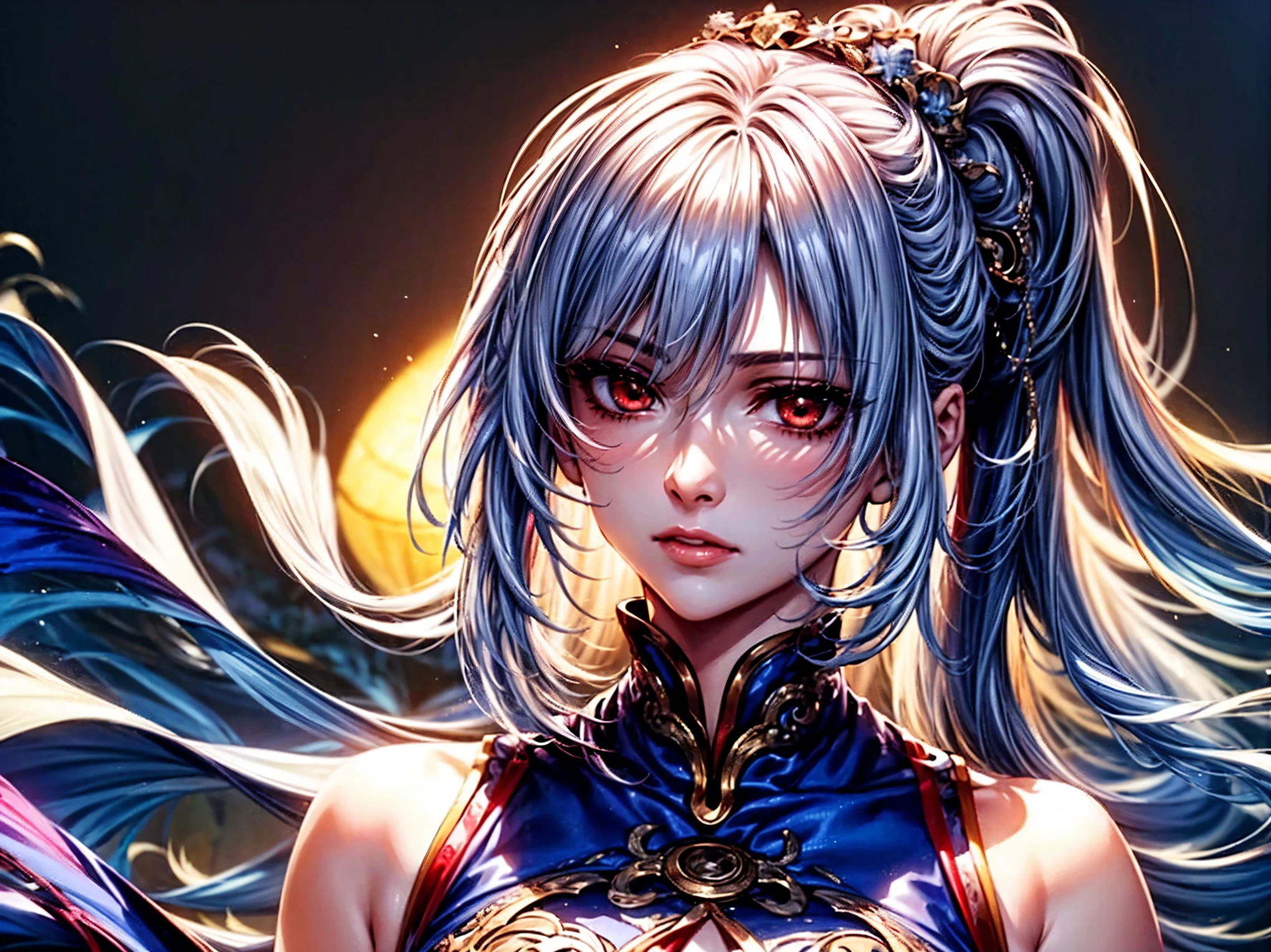 (top-quality、tmasterpiece、Very high resolution、super high image quality、High-quality pixels)、perfect eyes, perfect face, solo，8K, large breast，(Detailed description of hair), (Detailed description of face),(Detailed description of body), fair and clear skin, matchless beauty, long legged, (30 years old)，facing the audience, professional photographic lighting，dark blue miao clothes、detailed light red eyeballs, silver hair，cowbody shot，ponytail，bangs