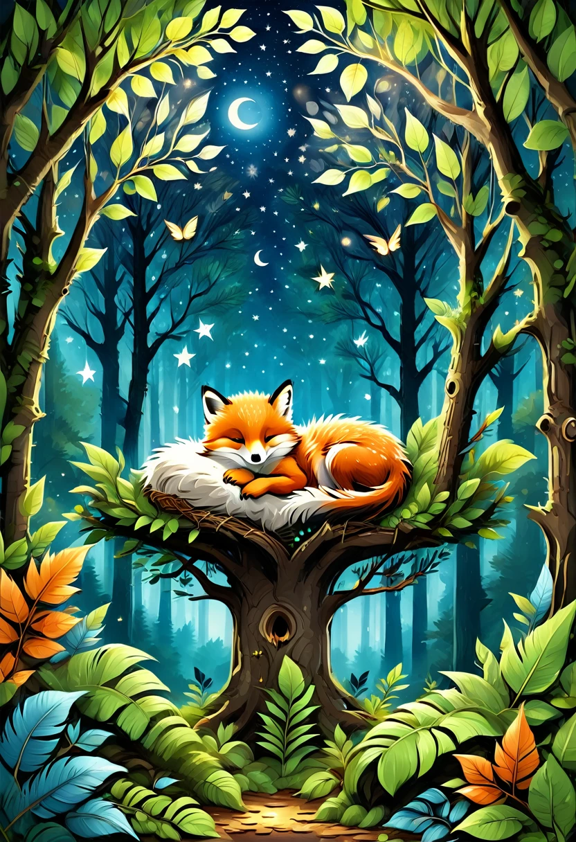 A  sleeping peacefully in a cozy nest made of soft feathers and leaves, perched high in a magical tree. The scene includes whimsical elements like twinkling stars visible through the tree branches, glowing fireflies, and gentle beams of moonlight filtering through the leaves. Friendly birds and other woodland creatures are nearby, adding to the serene and enchanting atmosphere.