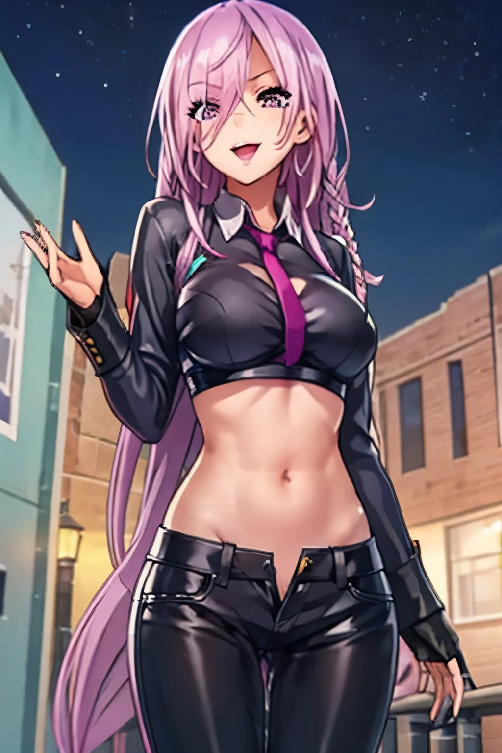 (masterpiece:1.37), best quality, (extremely detailed:1.37), woman, (very long hair:1.5), dark purple hair, purple eyes, (extremely detailed eyes:1.37), (wetting self:1.75), large breasts, stylish jacket, multicolored jackt, jeans, cleavage, navel, city, high-tech, street
