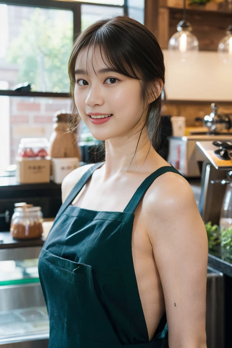 (Realistic、Photorealistic、Ultra-detailed、Highest Detail Skin、highest quality、masterpiece、超A high resolution)、Very cute Japanese woman、18-year-old、Gradient lighting、One Girl、Purelos Face、(((((Naked Apron、Wear only an apron、Green apron only、No clothes)))))、(((Coffee shop clerk、Serve customers at the counter)))、On the bed、Laughter、Realistic skin types、Perfect Style、Gravure idol pose、shortcut、double eyelid,((The camera is from the side of the body)),
