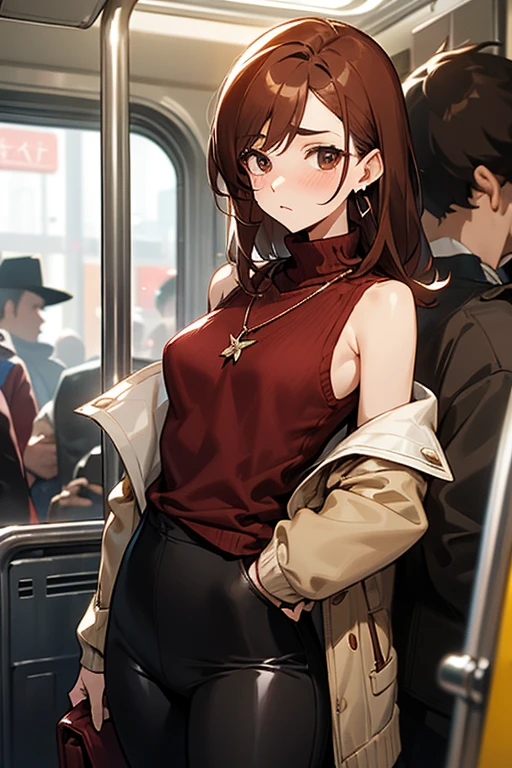 Reddish brown hair、Earrings、necklace、Sleeveless knitwear、Shoulder Bare、turtleneck、sexy、Cowboy Shot、In a crowded train、Disheveled clothing、Office casual fashion、The inner string is visible、Tight pants、Off-the-shoulder oversized jacket、A little short top、Rubber Pants、blush、Low Leg