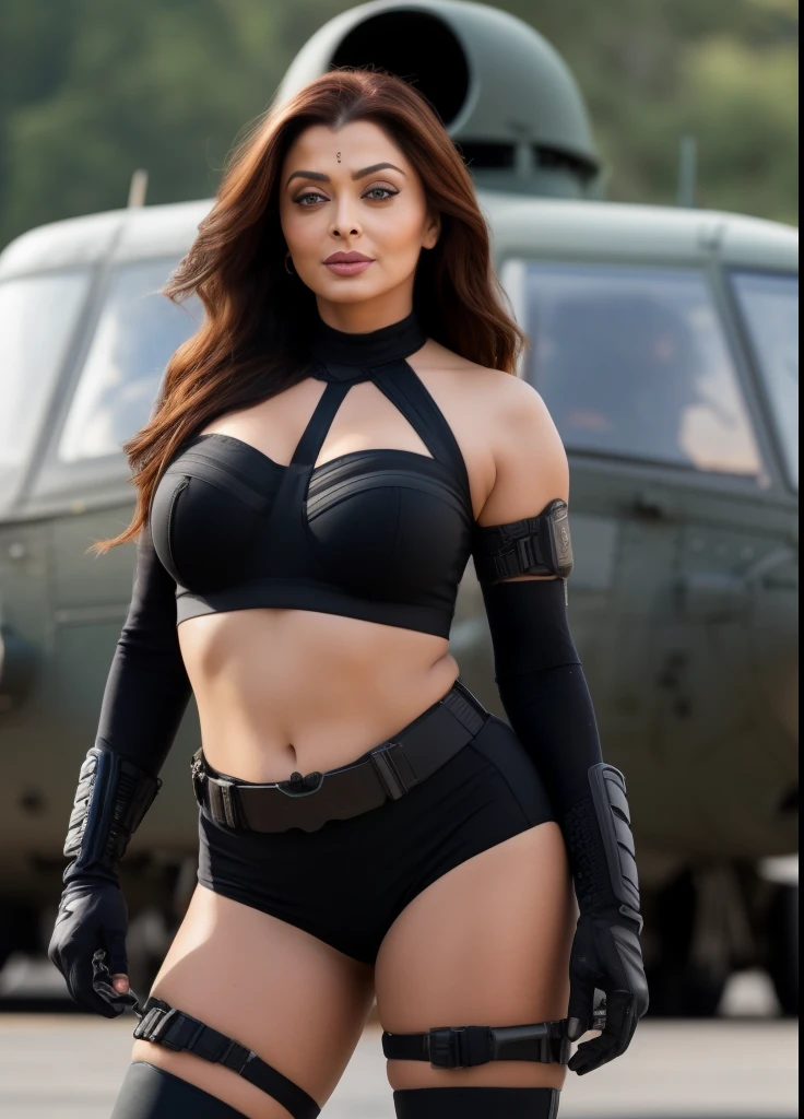 50yo MATURE MILF AISHWARYA RAI, with assault riffle in hands, (photorealistic), beautiful lighting, best quality, realistic, full body portrait, real picture, intricate details, depth of field, 50-years-old, standing next to army helicopter, mature milf solider, ((open hair with highlights)), wearing millitary black shorts and bandeau tight crop top showing huge cleavage, knee high boots, combat gloves, (kneepads), highly-detailed, perfect face, hazel eyes, lips, wide hips, ((mature hourglass figure)) make up, tacticool, Fujifilm XT3, outdoors, bright day, Beautiful lighting, RAW photo, 8k uhd, film grain, ((bokeh))