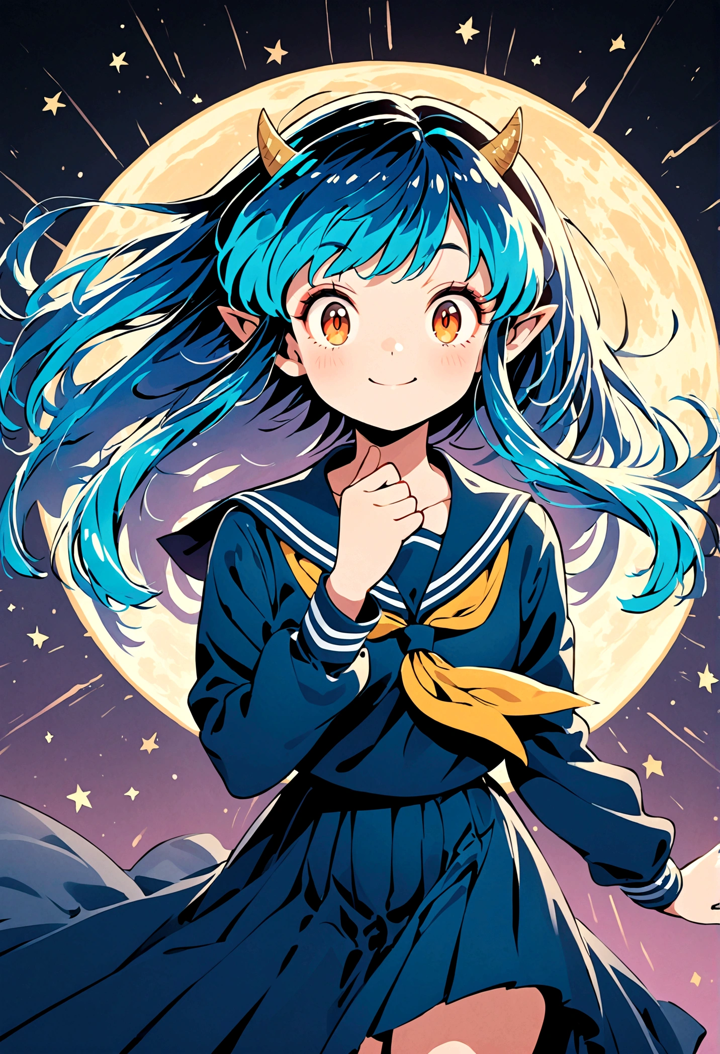 takahashi rumiko style,(1 girl,Lum,long hair,bangs,blue hair,orange eyes,horns,pointy ears,aqua hair,oni horns,(eyeshadow),(shirt,long sleeves,sailor suit,sailor collar,neckerchief,yellow neckerchief,blue shirt,blue sailor collar,blue skirt),the character Lum from "Urusei Yatsura",Do cute girly poses,bright smile,fine,Lum is floating in the air,lightning effect,Bright and cheerful atmosphere,BREAK,(Creates a POP illustration style background,Background elements such as space or a starry sky,Outer space with the moon and stars floating in it,rich colors,colorful,shooting star,draw with thick lines,Sparkling,unbelievably absurd,zentangle elements,vector art),beautiful light and shadow,BREAK,(masterpiece:1.3),(highest quality:1.4),(ultra detailed:1.5),High resolution,extremely detailed,unity 8k wallpaper,intricate details,absurdity,Sparkling