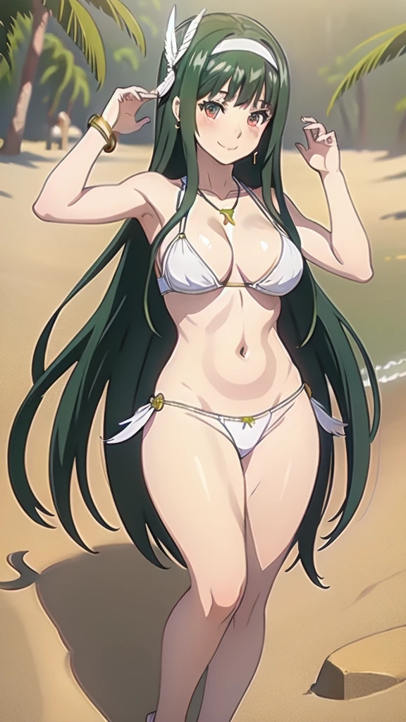 masterpiece, best quality, 1 solo girl, green hair, red eyes, long hair, medium breasts, sexy body and face, wavy hair, smile, white bikini, pendant, bracelet, jewelry, earrings, feather hair ornament, ball, lying at the sand, summer, sexy pose, cowboy shots, detailed body, face, and eyes, sharp focus, vibrant, creative, dynamic, high definition, high resolution, 8k, (Upscale: R-ESRGAN 4x+ Anime6mage enchance:4x), voluptuous body, cinema lightning, dakimakura style, looking at the viewer, hairband
