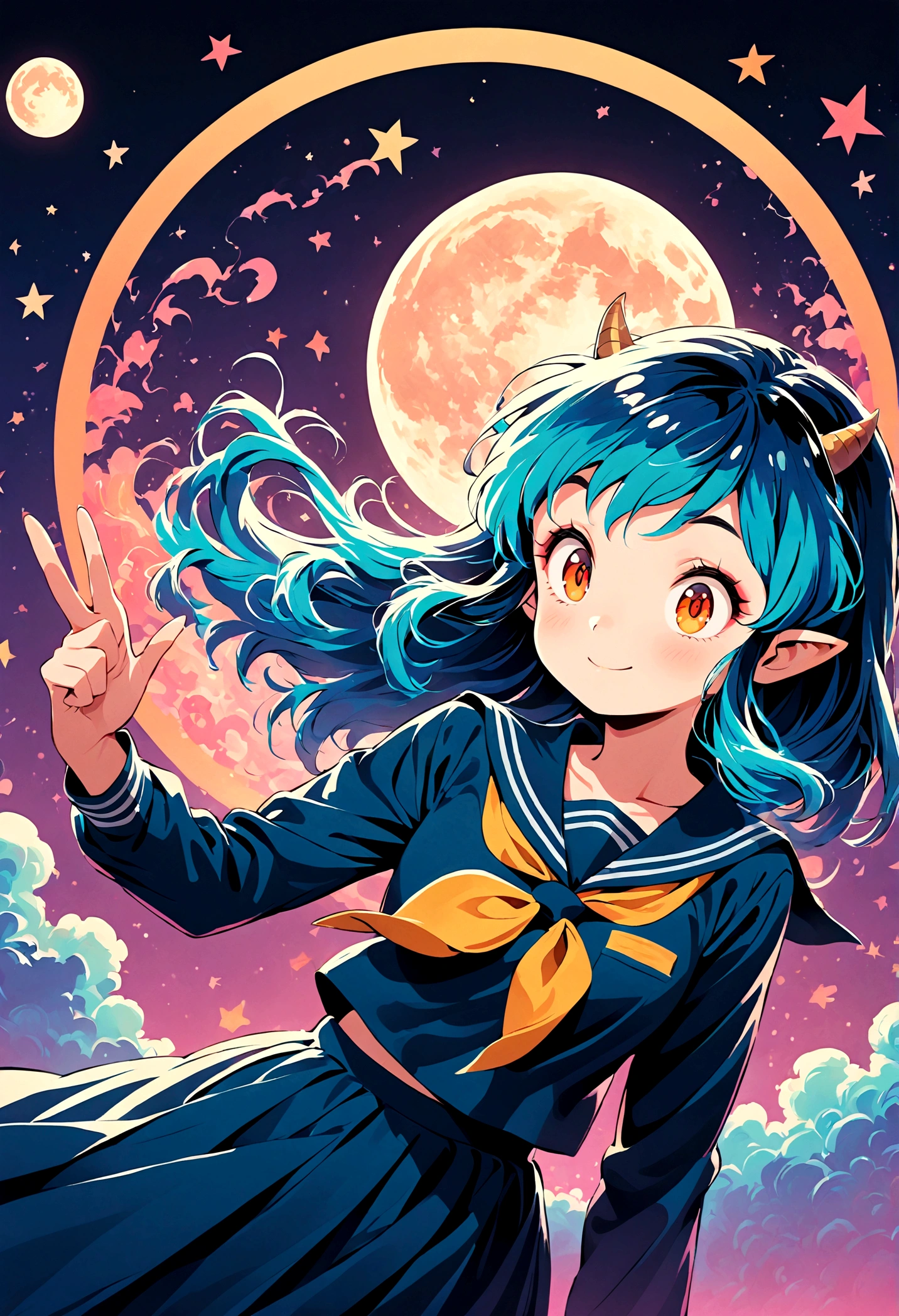 takahashi rumiko style,(1 girl,Lum,long hair,bangs,blue hair,orange eyes,horns,pointy ears,aqua hair,oni horns,(eyeshadow),(shirt,long sleeves,sailor suit,sailor collar,neckerchief,yellow neckerchief,blue shirt,blue sailor collar,blue skirt),the character Lum from "Urusei Yatsura",Do cute girly poses,bright smile,fine,Lum is floating in the air,lightning effect,Bright and cheerful atmosphere,BREAK,(Creates a POP illustration style background,Background elements such as space or a starry sky,Outer space with the moon and stars floating in it,rich colors,colorful,shooting star,draw with thick lines,Sparkling,unbelievably absurd,zentangle elements,vector art),beautiful light and shadow,BREAK,(masterpiece:1.3),(highest quality:1.4),(ultra detailed:1.5),High resolution,extremely detailed,unity 8k wallpaper,intricate details,absurdity,Sparkling,anatomically correct,cute