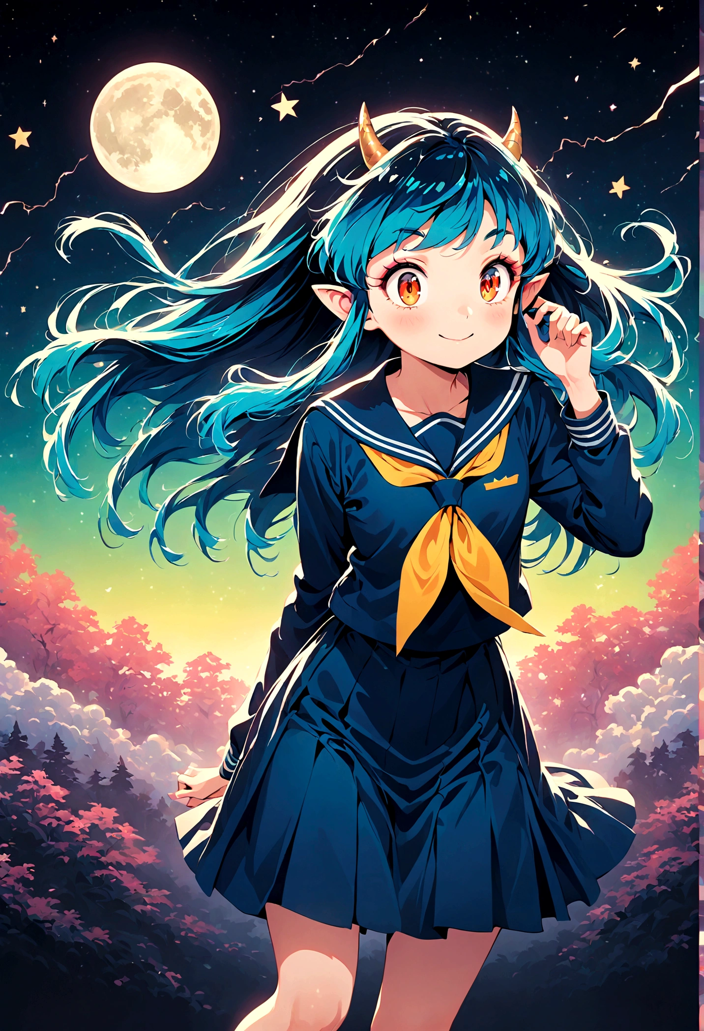 takahashi rumiko style,(1 girl,Lum,long hair,bangs,blue hair,orange eyes,horns,pointy ears,aqua hair,oni horns,(eyeshadow),(shirt,long sleeves,sailor suit,sailor collar,neckerchief,yellow neckerchief,blue shirt,blue sailor collar,blue skirt),the character Lum from "Urusei Yatsura",Do cute girly poses,bright smile,fine,Lum is floating in the air,lightning effect,Bright and cheerful atmosphere,BREAK,(Creates a POP illustration style background,Background elements such as space or a starry sky,Outer space with the moon and stars floating in it,rich colors,colorful,shooting star,draw with thick lines,Sparkling,unbelievably absurd,zentangle elements,vector art),beautiful light and shadow,BREAK,(masterpiece:1.3),(highest quality:1.4),(ultra detailed:1.5),High resolution,extremely detailed,unity 8k wallpaper,intricate details,absurdity,Sparkling,anatomically correct,cute