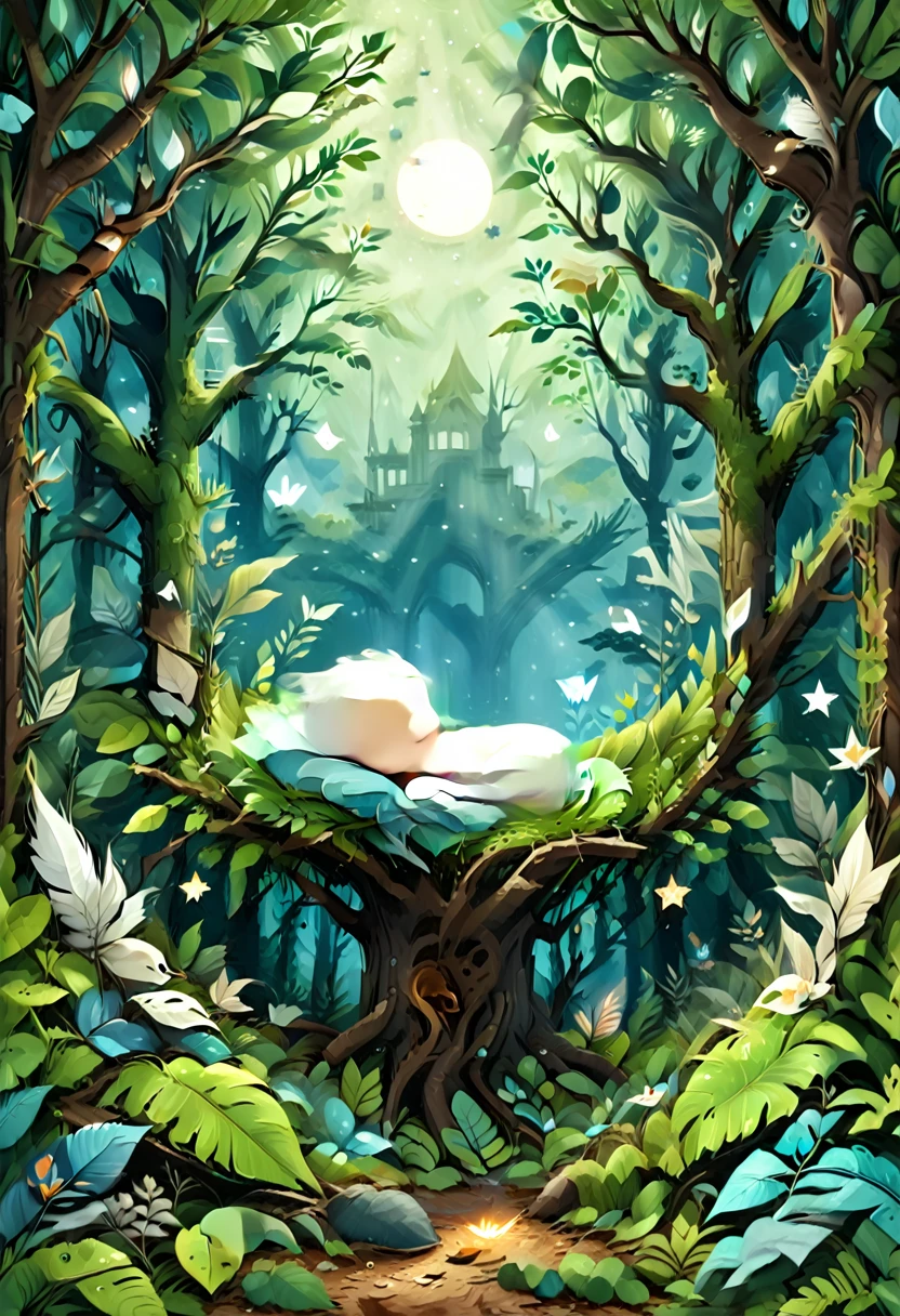 A small baby sleeping peacefully in a cozy nest made of soft feathers and leaves, perched high in a magical tree. The scene includes whimsical elements like twinkling stars visible through the tree branches, glowing fireflies, and gentle beams of moonlight filtering through the leaves. Friendly birds and other woodland creatures are nearby, adding to the serene and enchanting atmosphere.