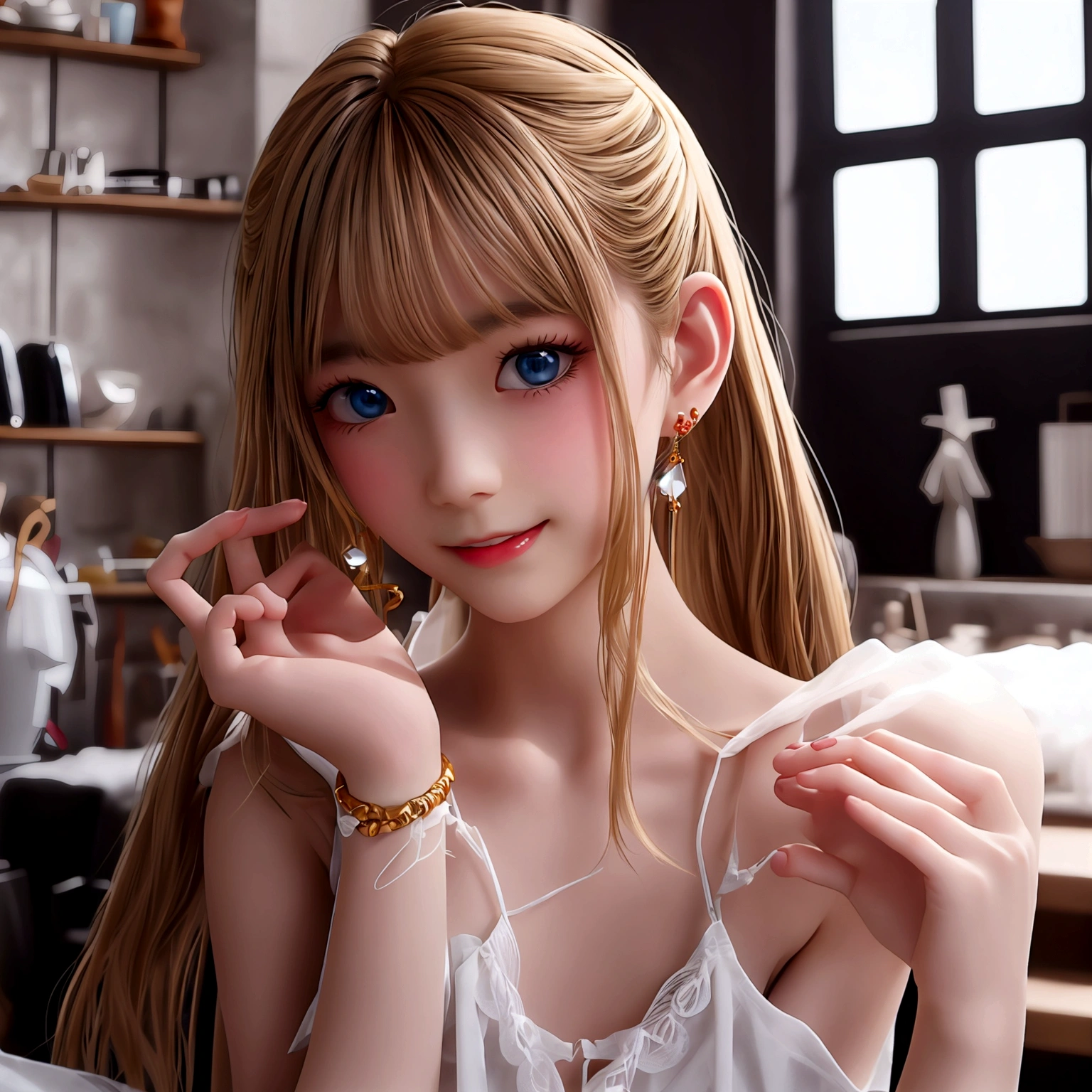 2 位Very漂亮的瑞典16 歲漂亮的女孩、 white blond hair、 （（ Sexy and gorgeous transparent underwear and panties with gold rims））、(Colorful transparent underwear and panties) 、Very、 shiny skin、 white skinned、 a smile、 beautiful bangs、 long and straight、 2位絲般美麗的white blond hair女郎、 shiny hair、 Extra long ponytail、 Eyeliner、 a small face、 Extra large firm breasts、 crystal clear ocean blue eyes、 shining with beautiful light、 Earrings, pendants, headwear and bracelets hanging from the ears、beautiful and smart girl、 Taking a top-body photo while cooking in an indoor restaurant、 Looking to the future
