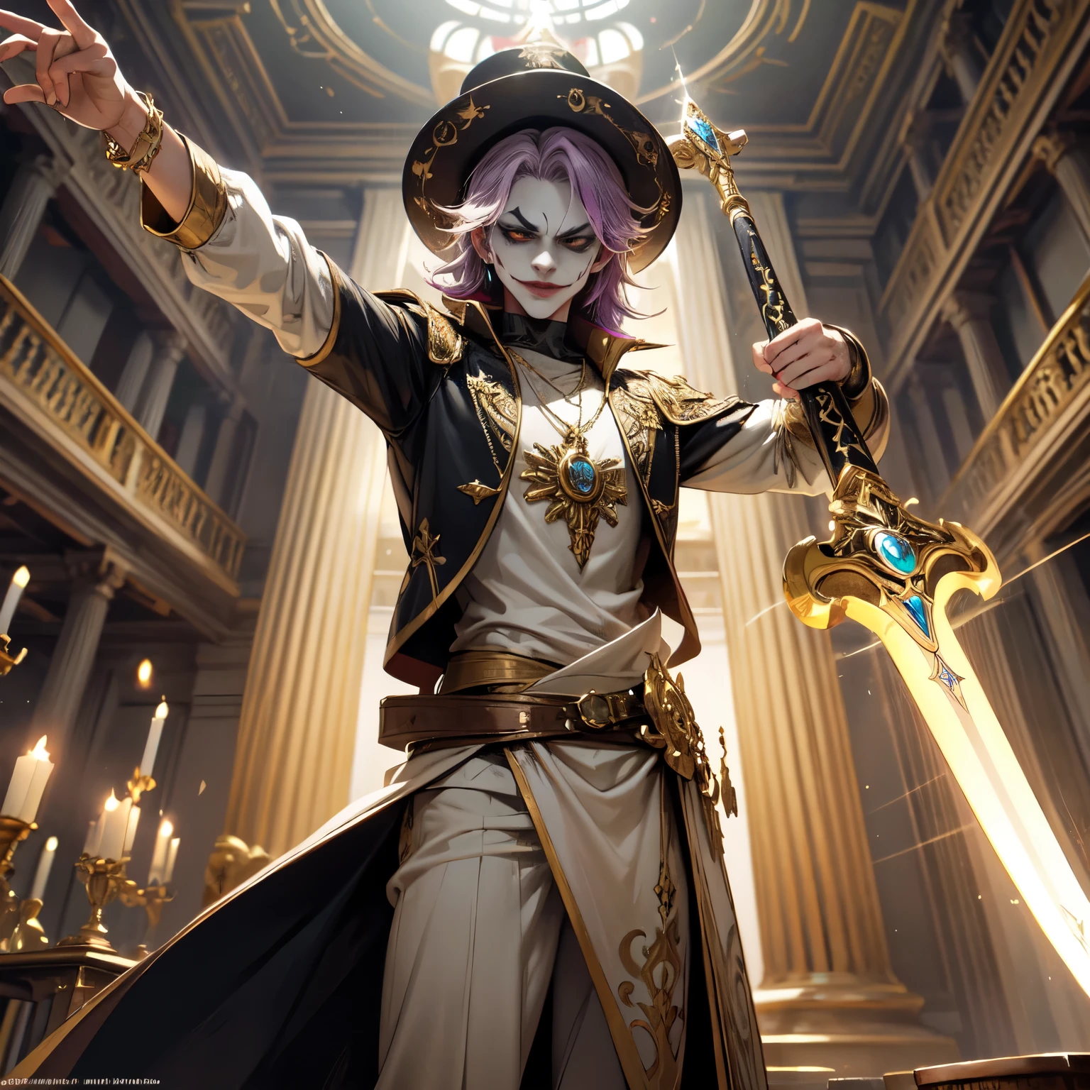 Create an 8K ultra HD digital image of a noble joker sacred court clown, com cabelos multicoloridos e longos, in the castle common room. O curinga tem olhos azuis profundos e pele clara, com maquiagem elaborada e vibrante. Ele veste um traje arlequim de veludo roxo e dourado, adorned with magical bells and jewels that glow softly. He wears a harlequin hat with decorated spikes and small precious stones., as well as golden bracelets and a magical amulet around the neck. In the common room, o curinga empunha a Espada de Zeus. The sword is made of celestial gold and emits golden rays, with divine inscriptions along the blade that shine brightly. The hilt of the sword is adorned with small rays and lightning., simbolizando seu poder supremo. Ele segura a espada em uma pose relaxada, pronto para proteger a paz do castelo, while electric sparks dance around you. The Sword of Zeus is known for its ability to control thunder and lightning, e uma aura de poder divino emana dela. The common room is comfortable and welcoming, with velvet sofas, lareira acesa e estantes repletas de livros e artefatos. Grandes janelas com cortinas de seda permitem a entrada de luz suave, criando uma atmosfera de conforto e tranquilidade. The image should capture the welcoming atmosphere and harmony of the community room, highlighting the joker&#39;s interaction with the Sword of Zeus.