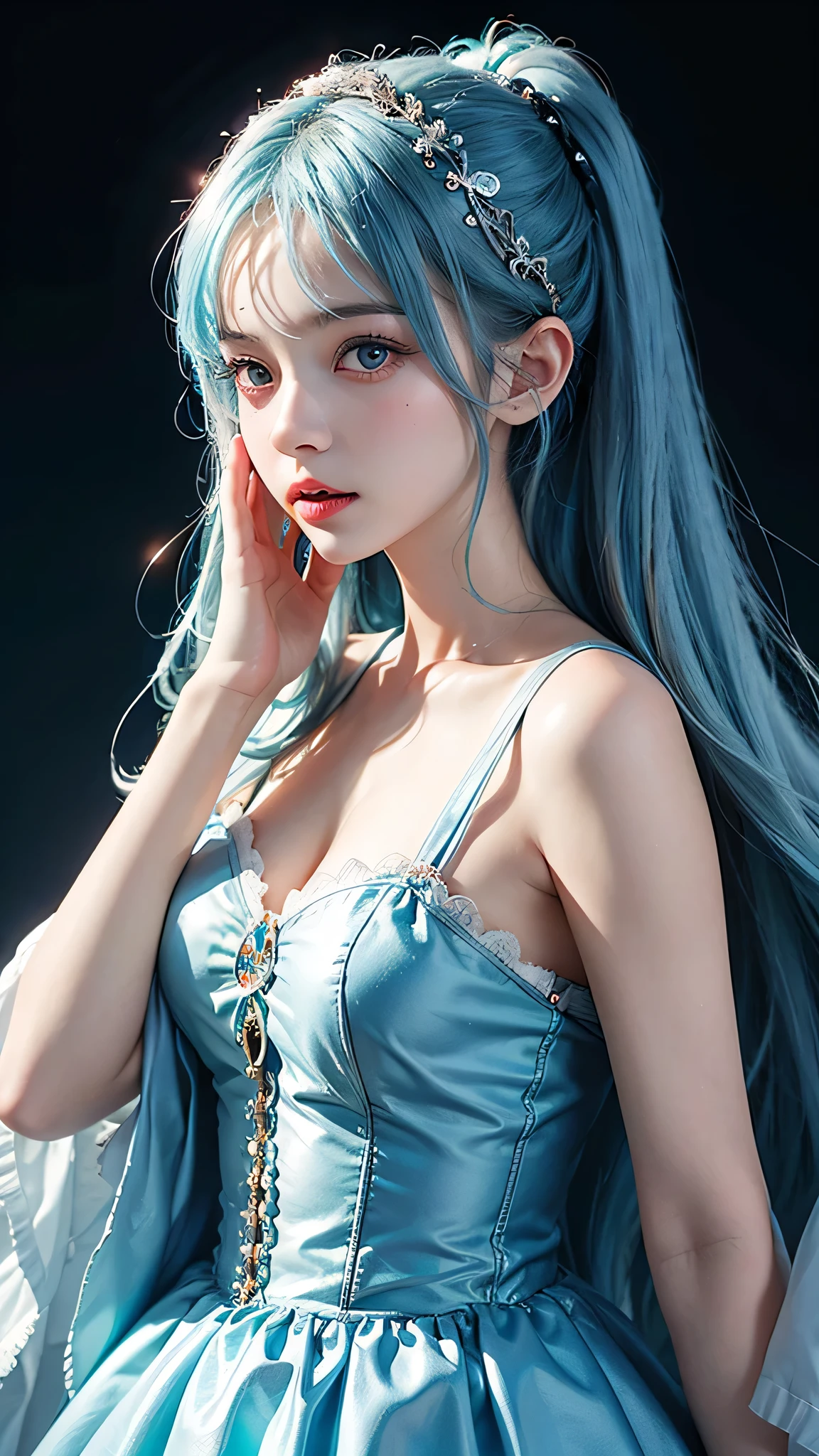 (((hatsune miku charakter))), (((tosca hair color))), ((long twin tail hair with pony)), looking at the view, eyes on the view, smile (big smile), (open mouth), (((full body photo))), 21 years old girl, perfect body, perfect anatomy, tosca eye color, double eyelids, huge breasts, Highly detailed skin texture, (Realistic skin), Ultra-Detailed Face, Detailed Lips, Detailed Eyes, Double Eyelids, nacklaces, wet skin, wet hair, (((simple background))), (front focus), (in the dark:1.6), deep dark, Hyperrealist portrait of female by david hockney and alphonse mucha, fantasy art, photo realistic, (((dynamic pose))), hot model pose, ((elegant pose)), dynamic lighting, artstation, poster, volumetric lighting, very detailed faces, 4 k, in the dark, deep shadow, low key, cowboy shot, (((white dress color))), lighting dress, erotic lace dress, suspender stockings, extremely detailed, milk liquid