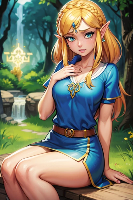 princess zelda, 1 garota, artist request, cinto, cabelo loiro, camisa azul, livro, Botas, inexpressivo, corpo todo, olhos verdes, high resolution, olhando para o espectador, Magia, nintendo, pants, Orelhas pontudas, camisa, cabelo curto, fundo simples, Sozinho, A Lenda de Zelda, A Lenda de Zelda: sopro da natureza, A Lenda de Zelda: Tears of the Kingdom, flor feita de luz, Magia