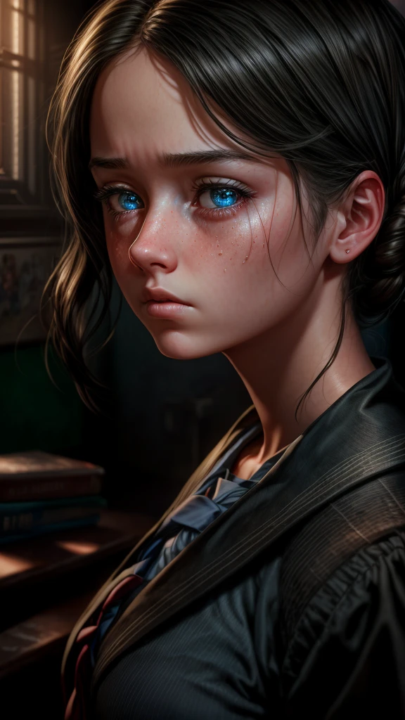 a girl in a classroom, glaring sideways with an expression of disgust, beautiful detailed eyes, beautiful detailed lips, extremely detailed eyes and face, long eyelashes, school uniform, tight frown, dramatic lighting, cinematic, dark moody colors, dramatic shadows, digital painting, concept art, masterpiece, best quality, 8k, highres, ultra-detailed, realistic, photorealistic, vivid colors, studio lighting