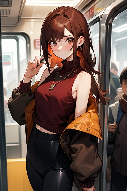 Reddish brown hair、Earrings、necklace、Sleeveless knitwear、Shoulder Bare、turtleneck、sexy、Cowboy Shot、In a crowded train、Disheveled clothing、Office casual fashion、The inner string is visible、Tight pants、Off-the-shoulder oversized jacket、A little short top、Rubber Pants、blush、Loleg pants