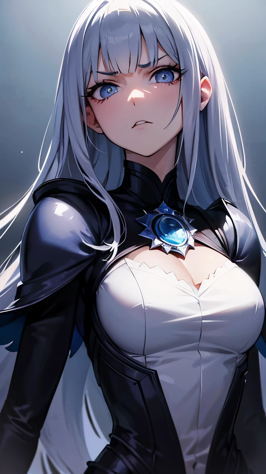 from below, face focus portrait, look down, best quality, super fine, 16k, 2.5D, delicate and dynamic, standing beautiful lady, cold stare of disgust, look of scorn and contempt, anger, unpleasant expression, dark atmosphere effect