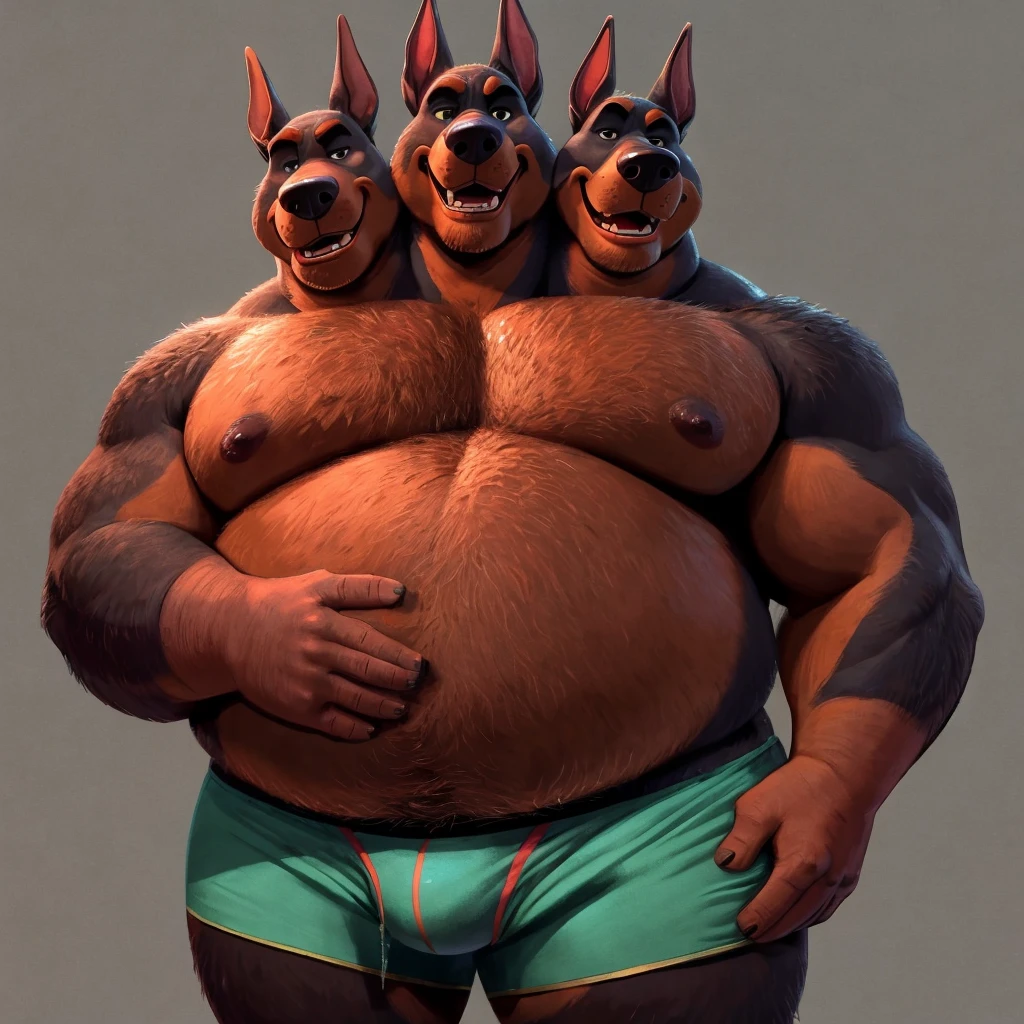 solo, doberman pinscher, three identical heads on one body, black and brown fur, bald, doberman pinscher ears, masculine, necks, (eyes), adult, male, 50 years old, (stylized 3d, by disney, by rembrandt, by pixar, by dramamine), obese, solid gray background, (shirtless, underpants), correct hands, correct anatomy, ultradetailed, best quality, detailed masterpiece, highly detailed masterpiece, 4k, (professional cartoon), natural pose, detailed expressions