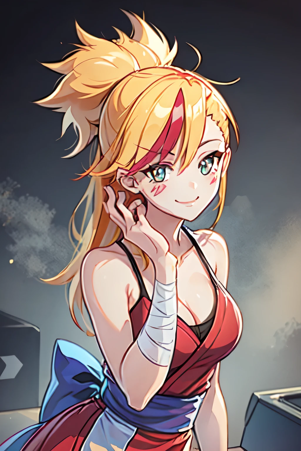 Yaku, 1GIRL, HAIR BOW, RED JAPANESE CLOTHES, SLEEVELESS, SASH, BANDAGED ARM, BLACK THIGHHIGHS, solo, facing viewer, looking at viewer, upper body, smile., ultra long hair, messy hair, cleavage