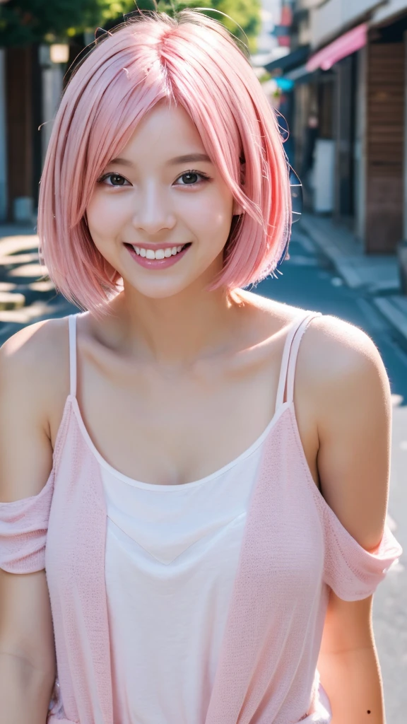 masterpiece, One girl, alone, High resolution, Soft lighting, Movie angle, thin, slim, Beautiful Eyes, Pretty face, 18-year-old, smile,
(short hair:1.3), Shoulder-length hair, (Pink Hair:1.3),
 whole body, street, Outdoor, sunny day