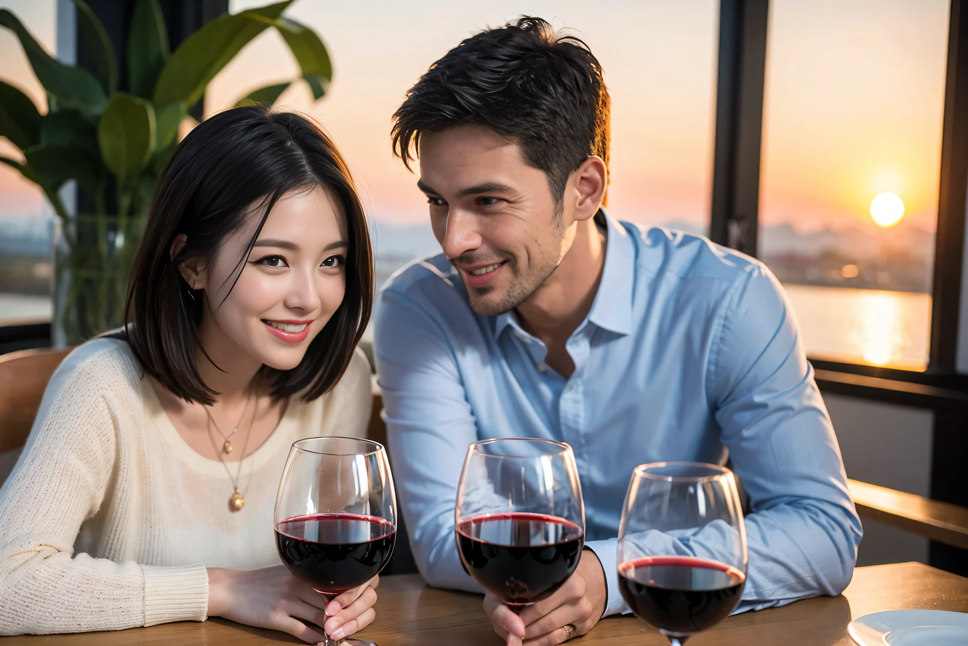 ((highest quality、8k、masterpiece:1.3))、 (Realistic, Real、Bright image、Intricate details:1.2), Best smile 1 man 1 woman、Beautiful couple、lover、couple、spouse、Beautiful couple、Happy smile、full-course dinner、 (Slim face), (Slim Body), (Brown Hair), (Short Hair), Wine glass on the table、Please put light on my face、 Amazing view of the sunset sky and clouds、 (Age 42), 39 years old, red wine 、Appetizers、Wine bottle、sparkling wine、Long sleeve shirt、dress、White wine, red wine, wine glass, 