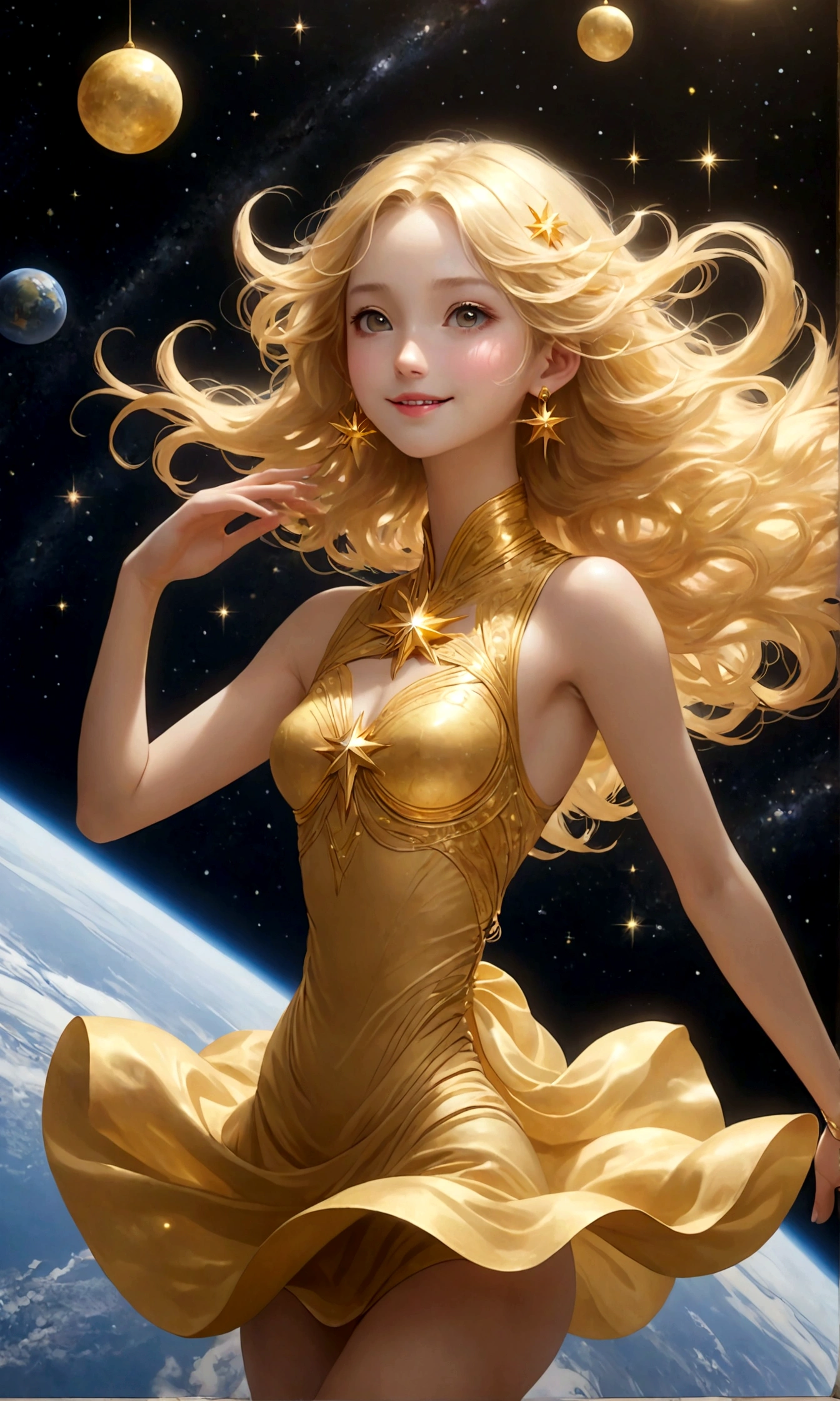 (masterpiece、highest quality、High resolution、8k)、Alone in space、goddess、Smile with closed mouth、Standing posture、whole body、Super beautiful、Perfect figure、Golden Dress、(Floating in the sky like a star、Floating、Floating)、金色のLightがwhole bodyを包んでいる、whole bodyがLightの中にある、Looking down on the earth、(目がくらむほどのLight、Light、Light)、宇宙はLightに満ちている、Dynamic Movement、The Universe is Infinite、