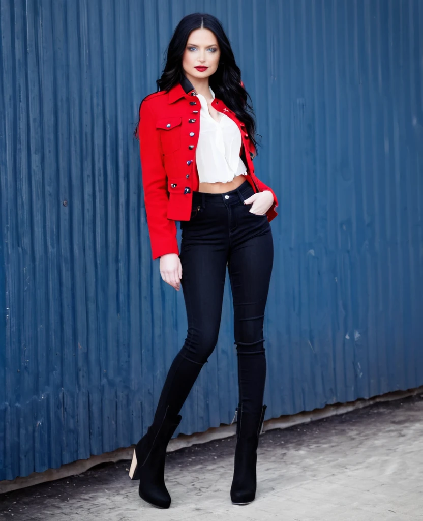 a white girl, black hair, hair with a white streak in front of her face, long hair, wavy hair, blue eyes, black blouse, red jacket, black jeans, short boots, high heel boots  