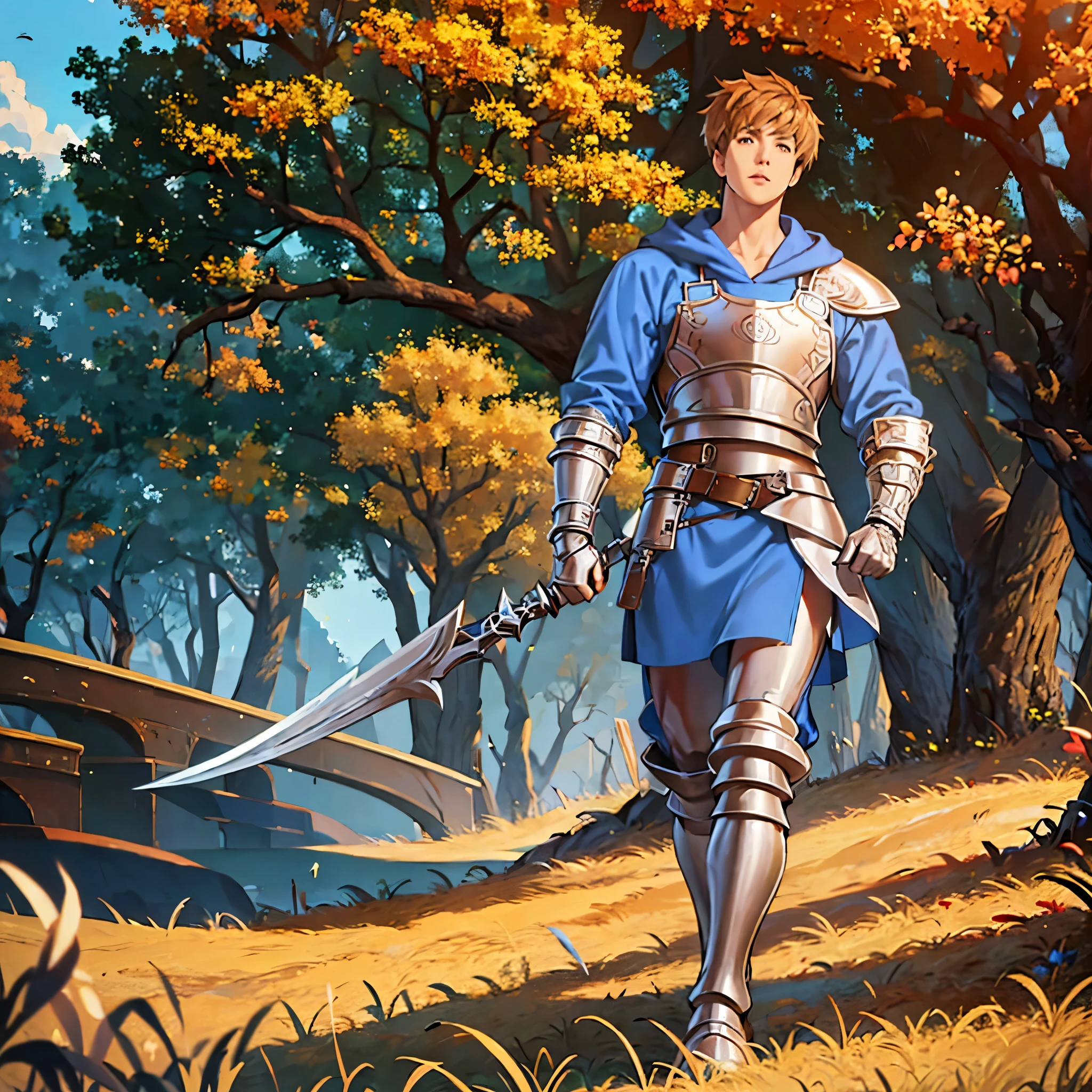 A man with caramel hair, long-sleeved blue shirt, silver bracelet, silver chestplate, silver body armor, silver metal boots, brown pants, brown eyes, holding a metal sword, walking in a medieval forest in autumn weather, blue sky,,(solo woman),flower, UHD, masterpiece, accurate, anatomically correct, textured skin, super detail, high quality, best quality, 8k, high resolution, bokeh effect.
