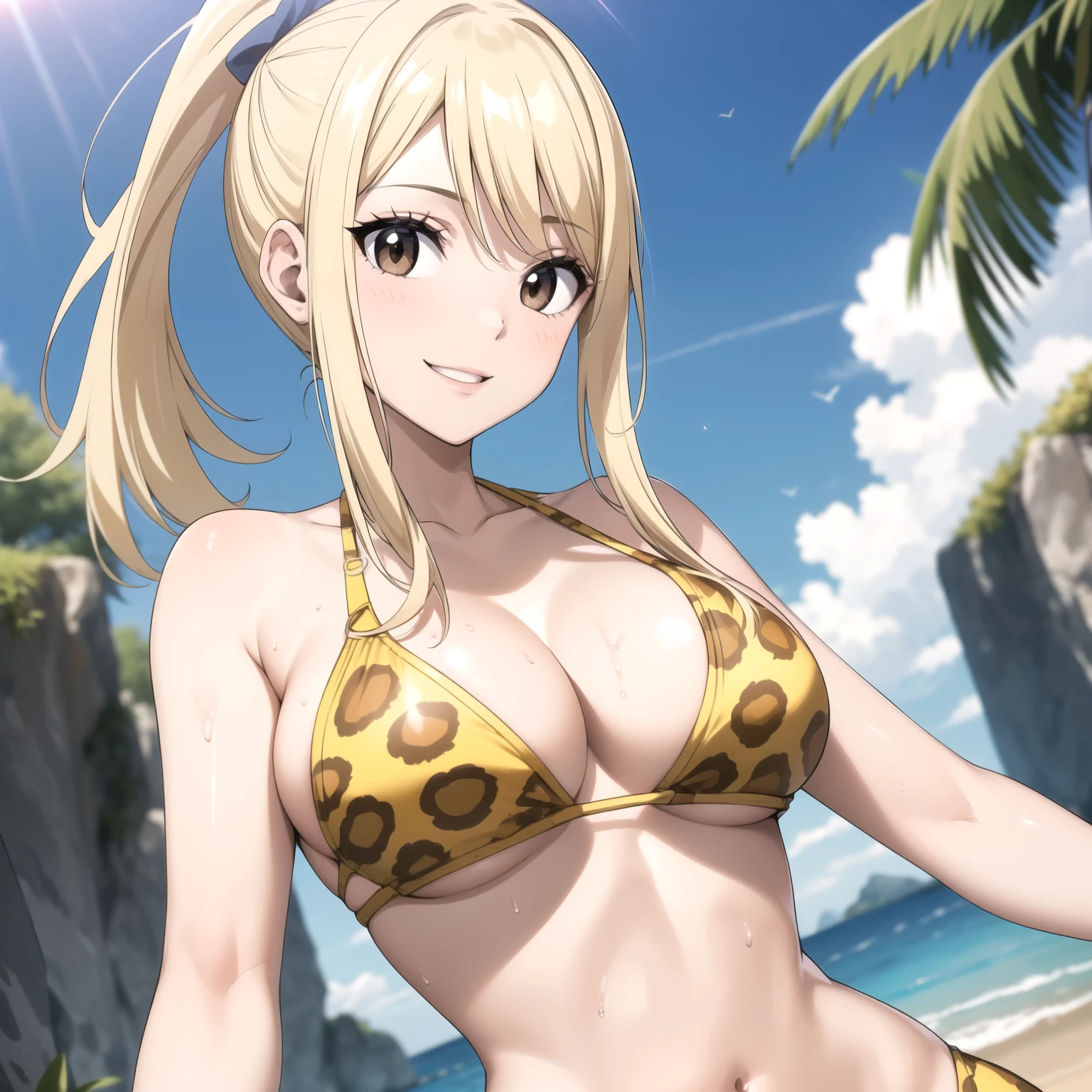 Lucy Heartfilia,  Female 27 years old, cabello rubio, Brown eyes ,sonrisa, yellow leopard bikini, gotas de agua en su pecho, fondo un balneario. sunny day. cuerpo completo. rubia, pelo rubio . mujer sola , una sola chica. 