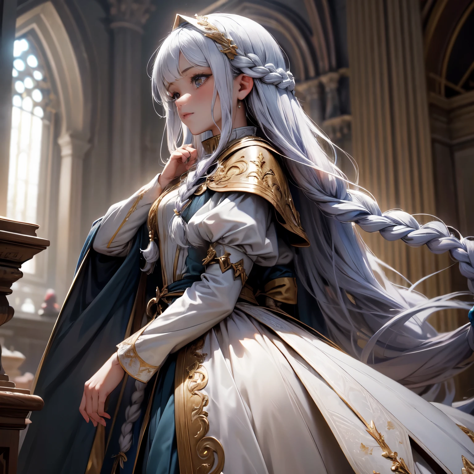 Crie uma imagem digital ultra HD de 8K de um nobre mago sagrado da corte de cabelos dourados, long and braided, vestido com trajes de alta magia, in the castle's music room. O mago tem olhos azuis profundos e pele clara. He is dressed in a royal robe of golden velvet with silver and gold trim., Adorned with magical jewels that glow softly. Ele usa uma coroa de ouro com pedras preciosas, gold bracelets on her wrists and a magical amulet around her neck. In the music room, o mago empunha a Espada de Zeus. The sword is made of celestial gold and emits golden rays, with divine inscriptions along the blade that shine brightly. The hilt of the sword is adorned with small rays and lightning., simbolizando seu poder supremo. Ele segura a espada em uma pose de serenidade, pronto para proteger a arte e a cultura, while electric sparks dance around you. The Sword of Zeus is known for its ability to control thunder and lightning, e uma aura de poder divino emana dela. The music room is elegant, com instrumentos musicais finamente trabalhados, como harpas, violinos e pianos. Wood-paneled walls and music stands create an atmosphere of musical sophistication. Janelas altas permitem a entrada de luz natural, iluminando os detalhes refinados da sala. The image should capture the beauty and harmony of the music room, highlighting the wizard's interaction with the Sword of Zeus.