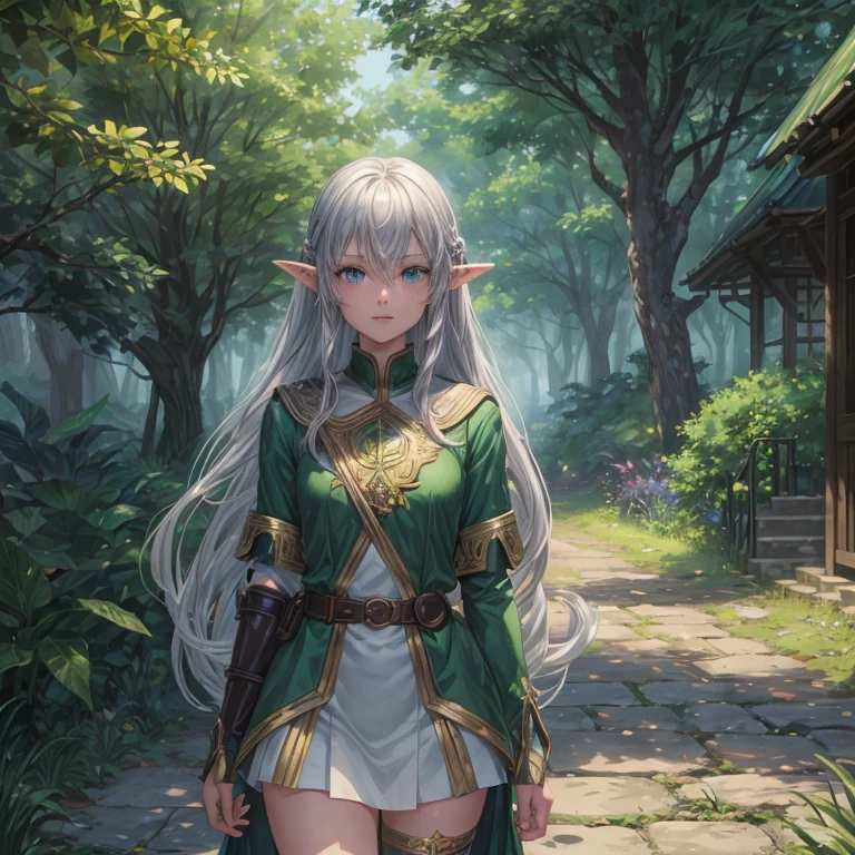 (8k, super details, award winning, high res), anime illustration, two elf girls. One with (long silver hair, green eyes). The other with (short golden hair, blue eyes), in a green tunic. Set in a magical forest with glowing flowers and ancient trees.