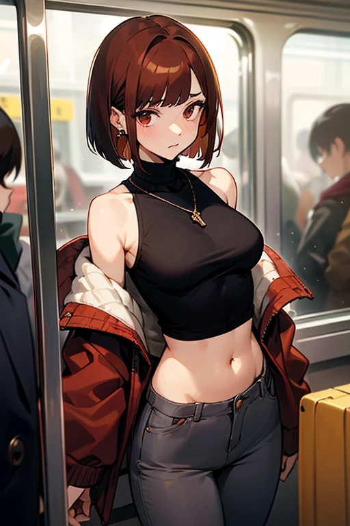 Reddish brown hair、Earrings、necklace、Sleeveless knitwear、Shoulder Bare、turtleneck、sexy、Cowboy Shot、In a crowded train、Disheveled clothing、Office casual fashion、The inner string is visible、Belly button、Asymmetrical design、Tight pants、Off-the-shoulder oversized jacket、Voluminous bob cut、High leg pants