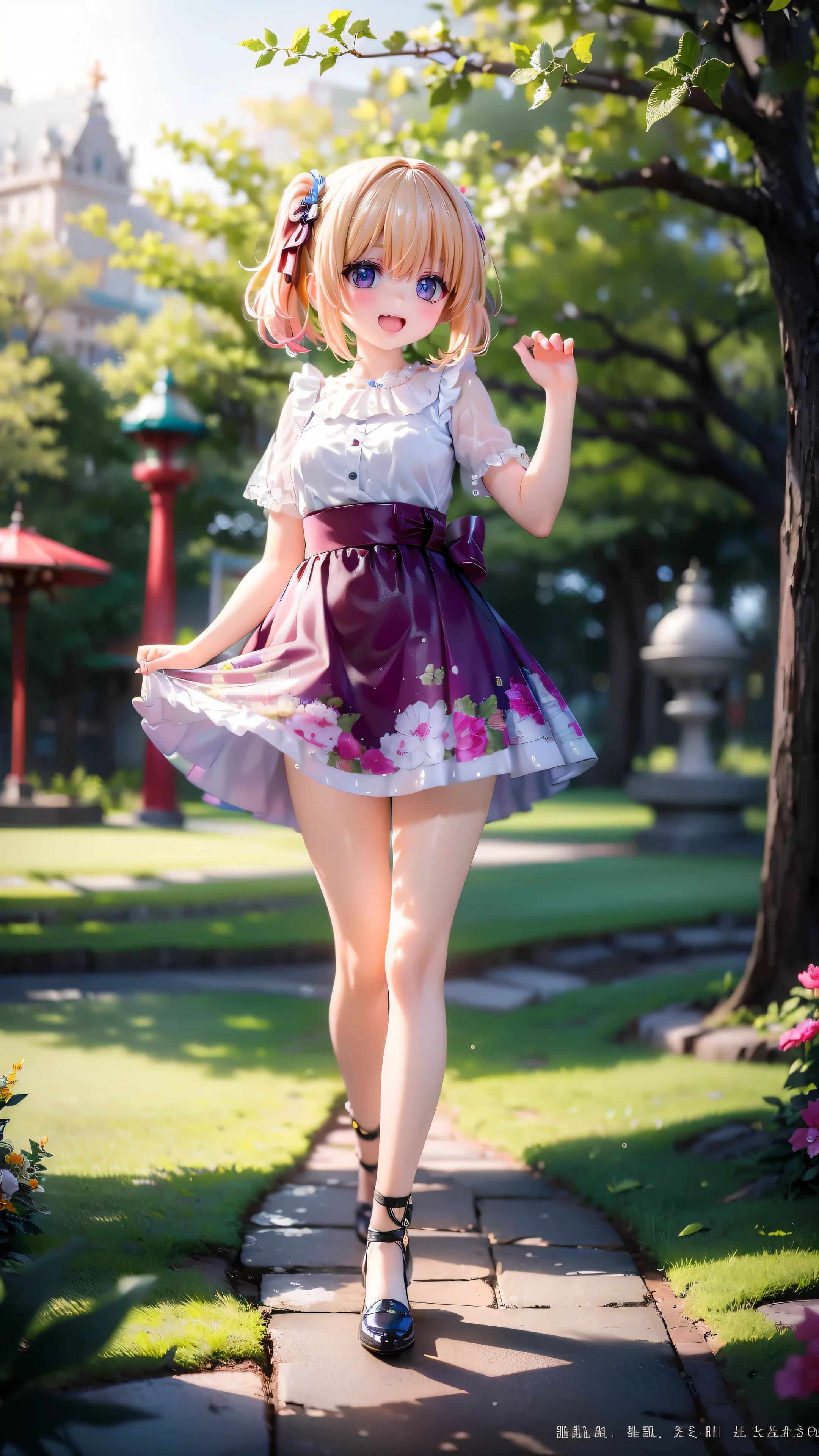In the middle of a lush park、A -old girl is plng innocently and laughing happily。Her bright smile shines as bright as the sun、The pink dress flutters and sways in the wind.。She played tag with her friends.、Jumping high and high on the swings, aiming for the sky、Building castles in the sandbox。Her big eyes are full of curiosity、Every minute and every second is a new adventure。Her innocent voice echoed throughout the park.、It brightens up the atmosphere.。