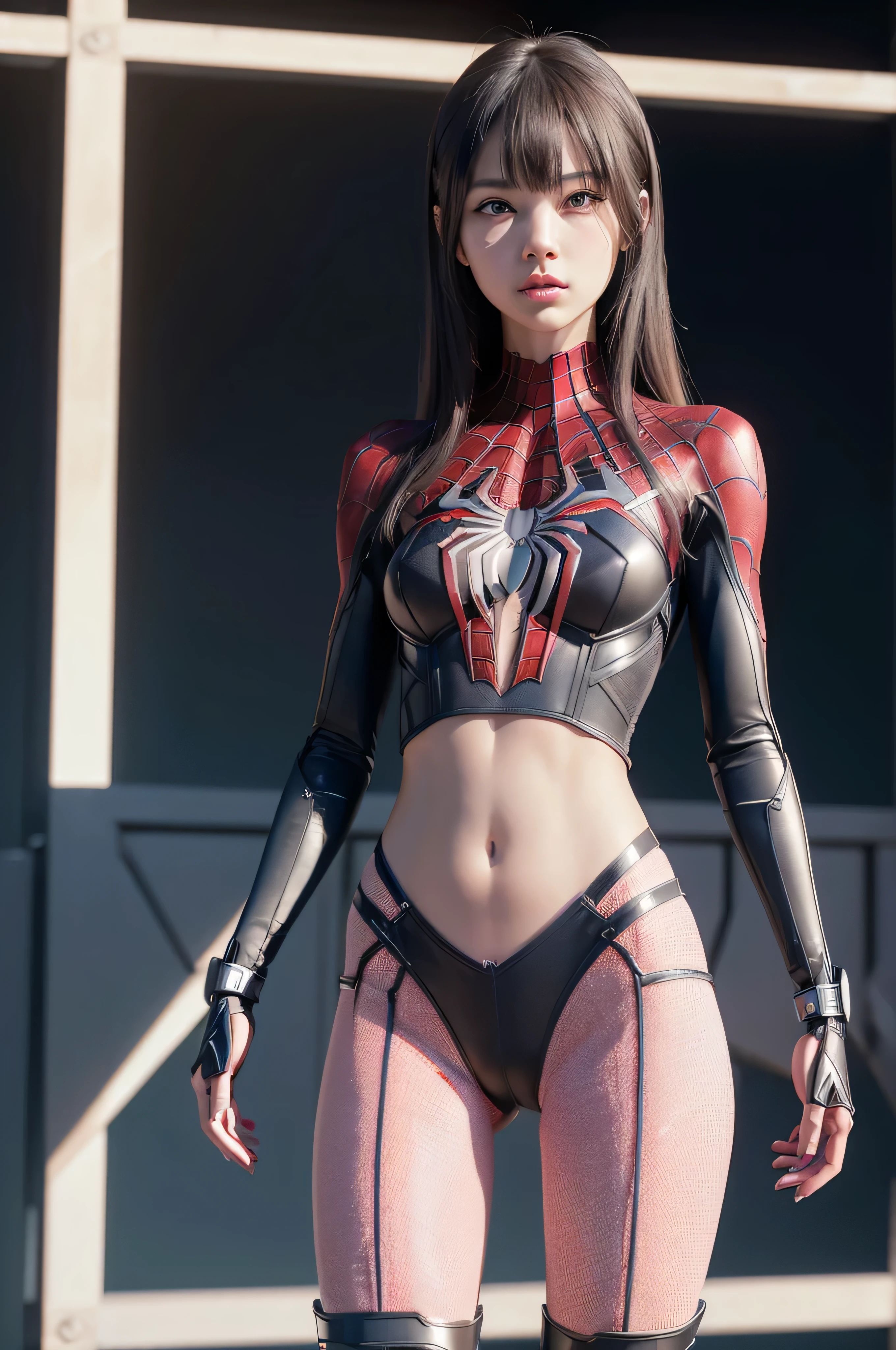 ((masterpiece, 8K, 3D, Realistic, Super Detail)), (1girl:1.3), slender 16 age, Ultra Micro photography, Melissa Benoist Super realistic, Perfect face, 16K resolution, 4k resolution, The photo was taken from the Front, facing to the photographer, Foreground photo, dynamic lighting, high-definition resolution, Beautiful features, ((Perfect female Model Slim body)) Beautiful features, Standing pose, ((small hip)), (((2 piece Spider Man armor Hotpants-Bikini))), Sci-fi futuristic, ((Spider Man armor)) ((bionic Fragmented Spider Man chest armor suit)), ((Exposed slim thighs)), wear mesh metal-stockings, ((slim thighs)), ((bionic Slim thighs Steel armor)), Front Full body Shot, full body portrait, perfect legs, shoes, futuristic city background