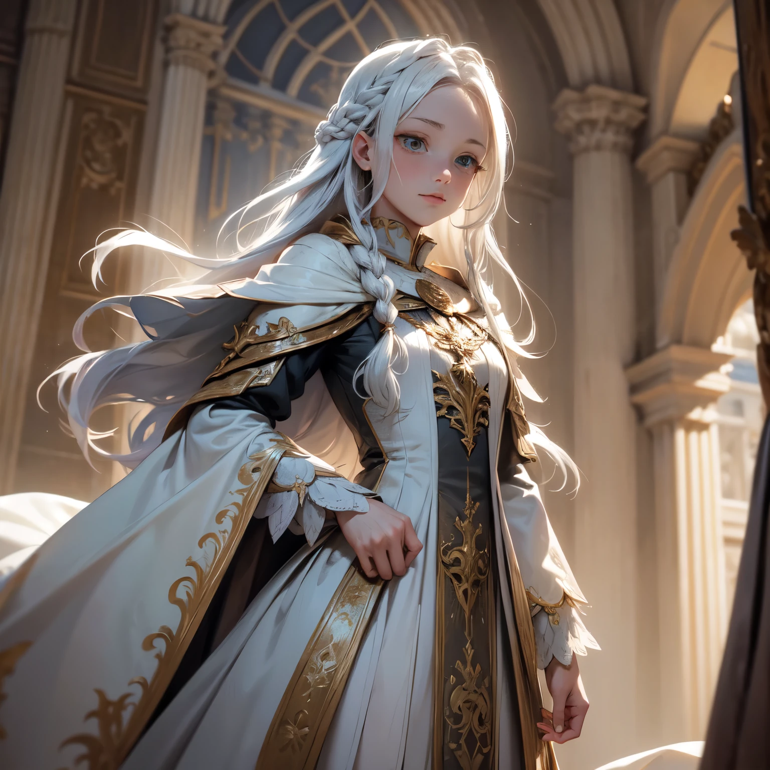 Crie uma imagem digital ultra HD de 8K de um nobre mago sagrado da corte de cabelos dourados, long and braided, vestido com trajes de alta magia, in the castle&#39;s music room. O mago tem olhos azuis profundos e pele clara. He is dressed in a royal robe of golden velvet with silver and gold trim., Adorned with magical jewels that glow softly. Ele usa uma coroa de ouro com pedras preciosas, gold bracelets on her wrists and a magical amulet around her neck. In the music room, o mago empunha a Espada de Zeus. The sword is made of celestial gold and emits golden rays, with divine inscriptions along the blade that shine brightly. The hilt of the sword is adorned with small rays and lightning., simbolizando seu poder supremo. Ele segura a espada em uma pose de serenidade, pronto para proteger a arte e a cultura, while electric sparks dance around you. The Sword of Zeus is known for its ability to control thunder and lightning, e uma aura de poder divino emana dela. The music room is elegant, com instrumentos musicais finamente trabalhados, como harpas, violinos e pianos. Wood-paneled walls and music stands create an atmosphere of musical sophistication. Janelas altas permitem a entrada de luz natural, iluminando os detalhes refinados da sala. The image should capture the beauty and harmony of the music room, highlighting the wizard&#39;s interaction with the Sword of Zeus.