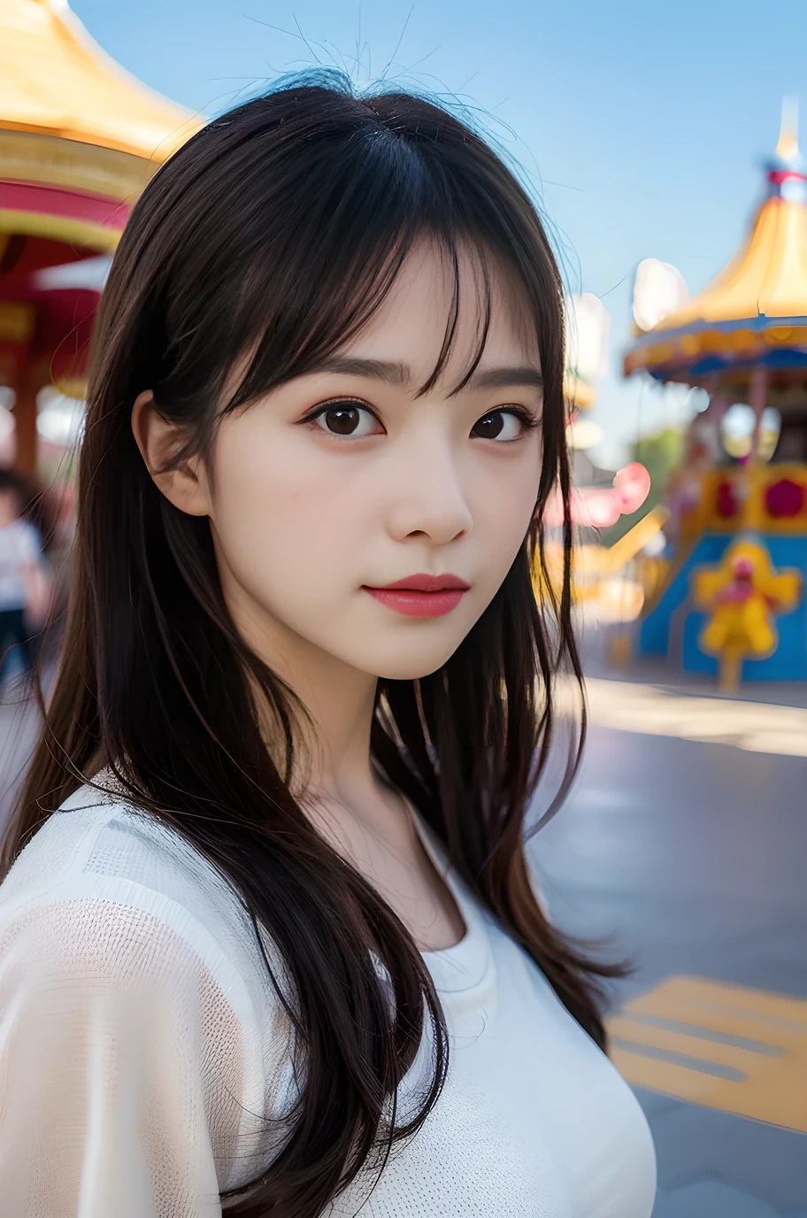 (8k, RAW Photos, highest quality、masterpiece:1.2), (Realistic、Realistic:1.37), Very detailed, High resolution, 1 girl,  View your audience, Beautifully detailed face、beautifully detailed skin、Skin Texture、Floating Hair、Professional Lighting、amusement park
