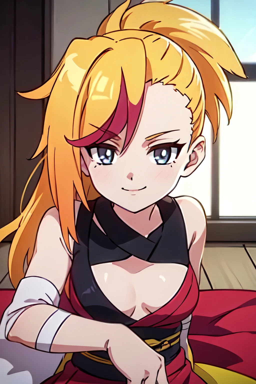 Yaku, 1GIRL, HAIR BOW, RED JAPANESE CLOTHES, SLEEVELESS, SASH, BANDAGED ARM, BLACK THIGHHIGHS, solo, facing viewer, looking at viewer, upper body, smile., ultra long hair, messy hair, cleavage