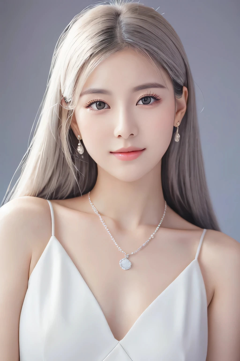 Excellent work, realistic, perfect girl, white skin, thin hair, sharp eyes in gray eyes. Like a Chinese female idol Half moon necklace review Wear a simple, elegant, expensive white dress. The light-colored backdrop looks stylish.