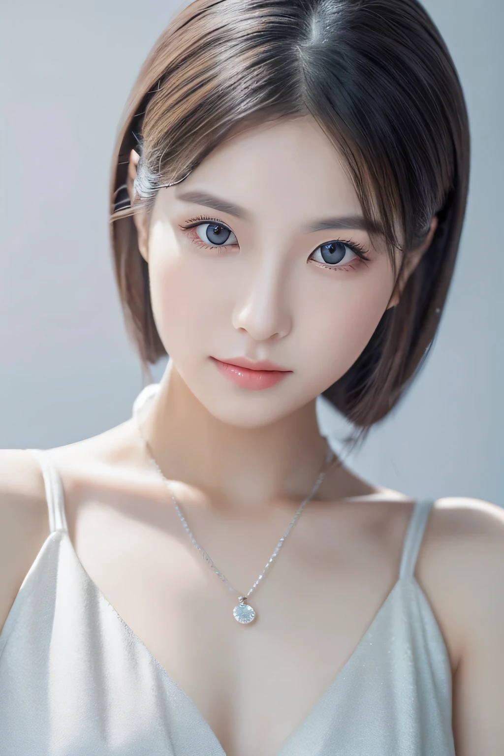 Excellent work, realistic, perfect girl, white skin, thin hair, sharp eyes in gray eyes. Like a Chinese female idol Half moon necklace review Wear a simple, elegant, expensive white dress. The light-colored backdrop looks stylish.